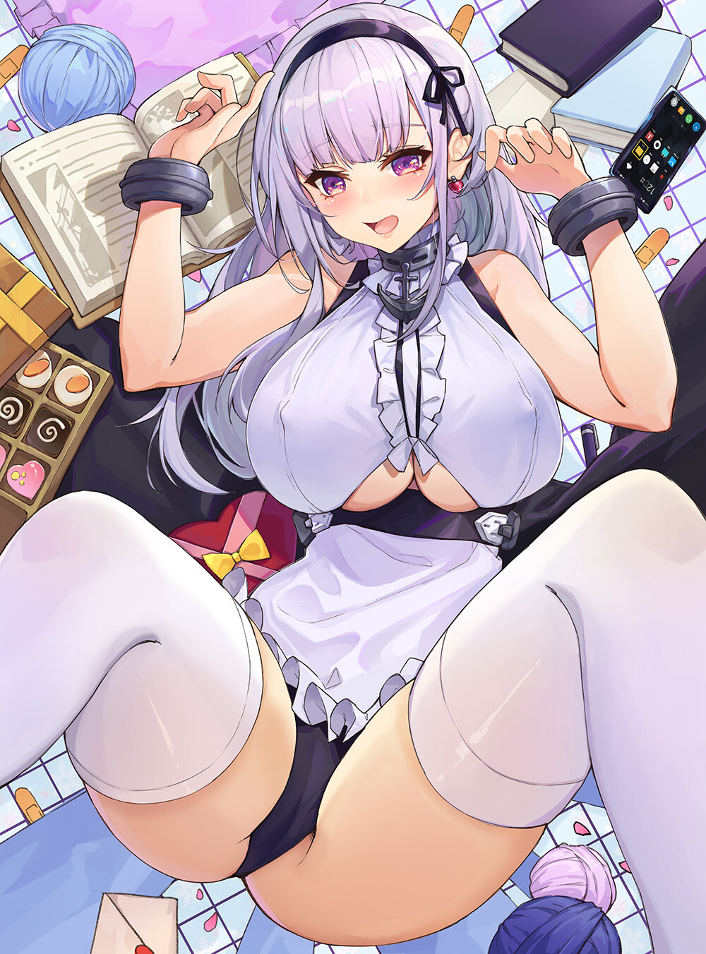 Anime 1000x1352 Dido (Azur Lane) Azur Lane spread legs cameltoe nipple bulge cleavage cutout maid outfit thigh-highs artwork Youxuemingdie big boobs huge breasts ass thighs
