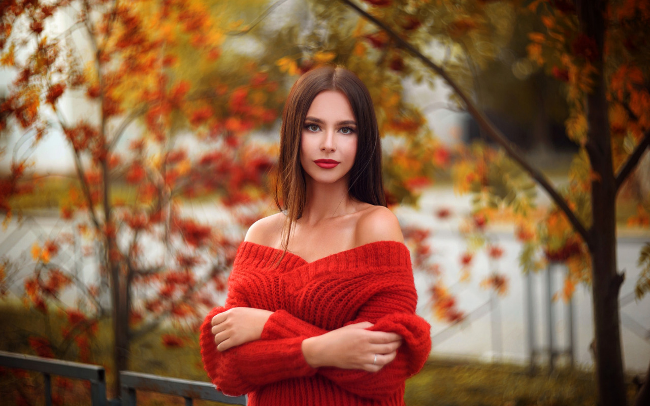 People 1280x800 brunette women model bare shoulders sweater red sweater fall Daria Vladislav Opletaev women outdoors