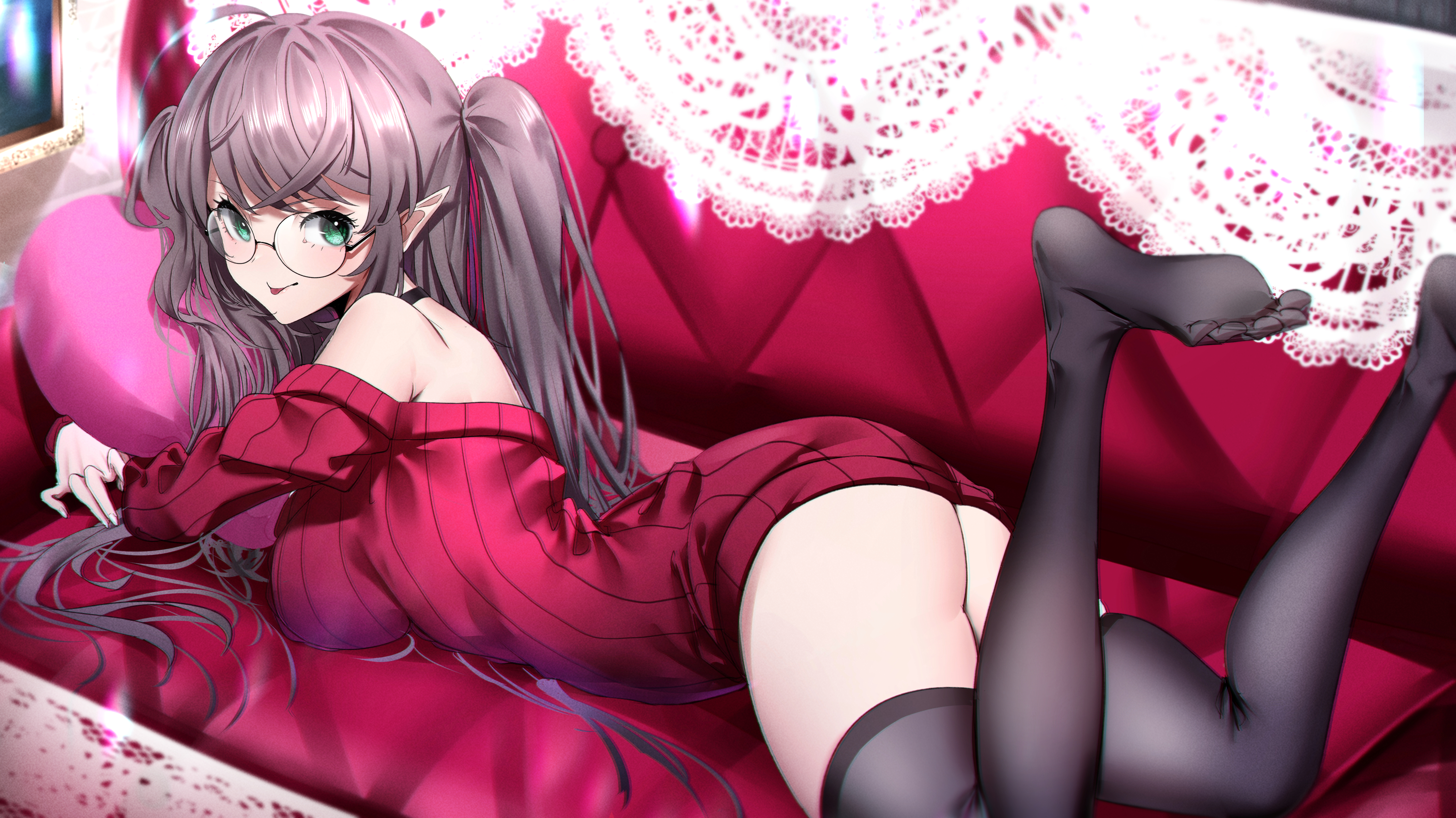 Anime 3987x2240 anime anime girls women with glasses legs up ass lying on front feet in the air thigh-highs sweater twintails gray hair green eyes glasses tongue out pointy ears artwork Azarashi feet