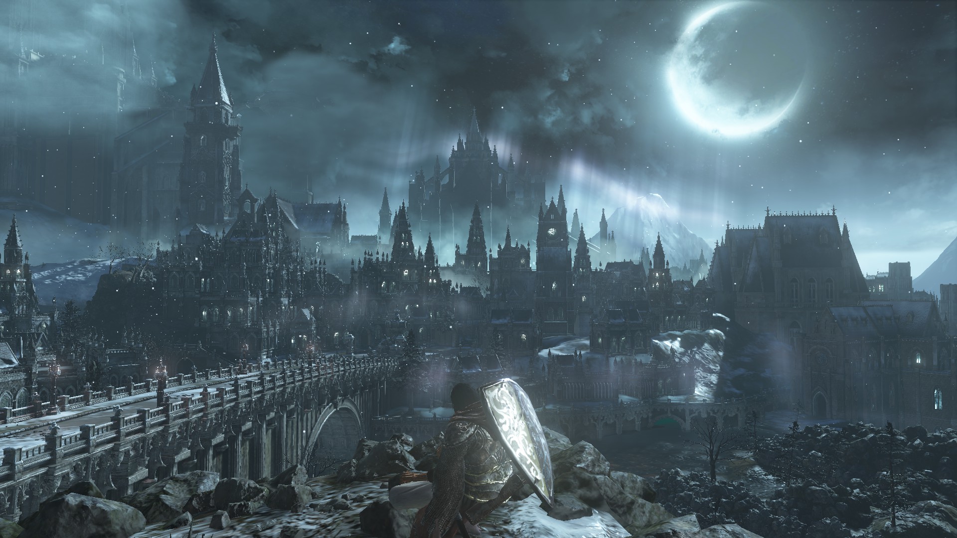 General 1920x1080 Irithyll of the Boreal Valley Irithyll Dark Souls III From Software video games cityscape fantasy city screen shot sky Moon