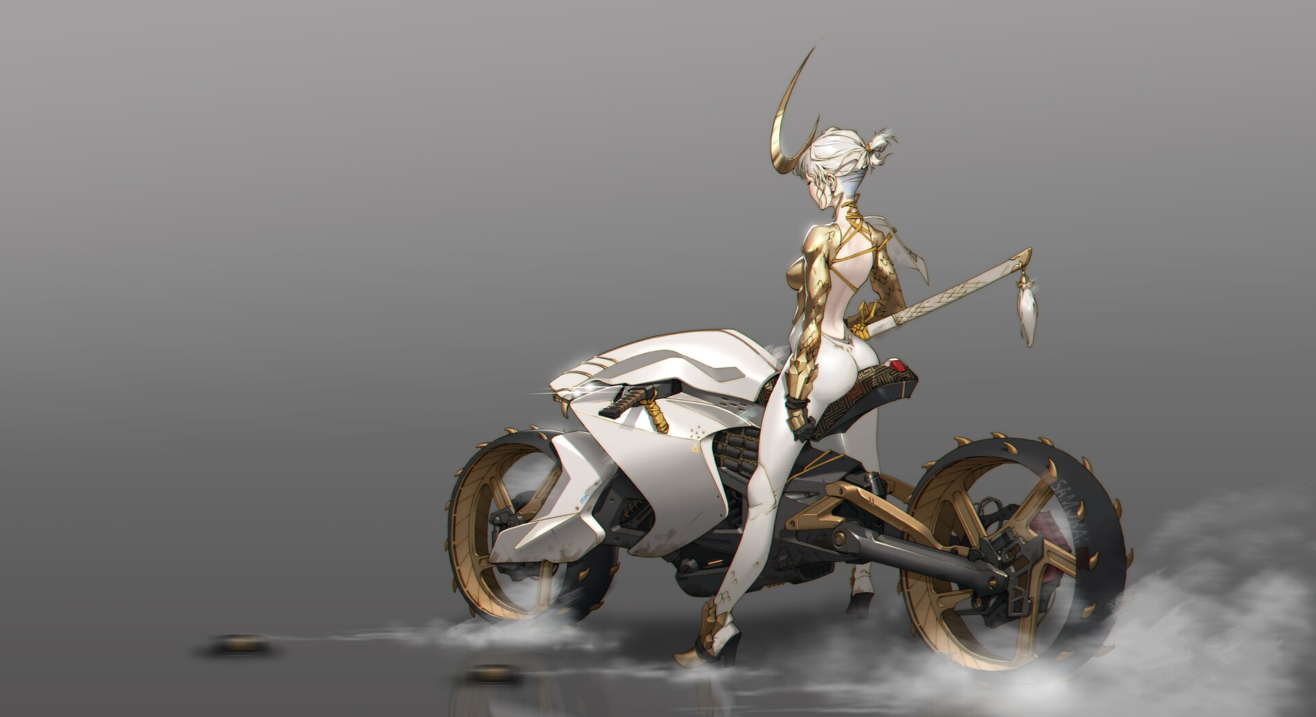 General 1920x1047 artwork ArtStation gray background simple background women motorcycle women with motorcycles vehicle