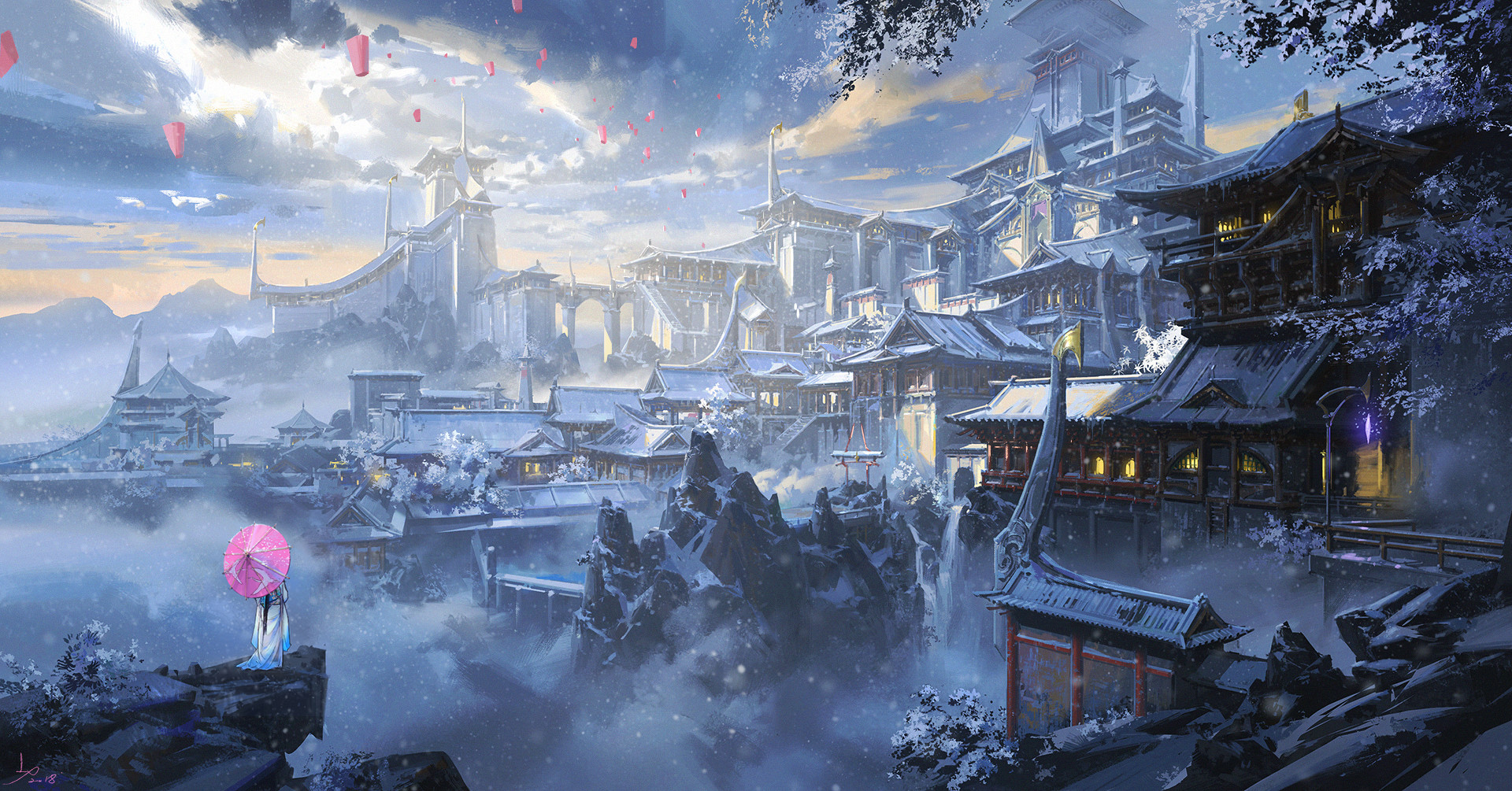 General 1920x1005 digital art fantasy art Ling Xiang landscape fantasy city castle