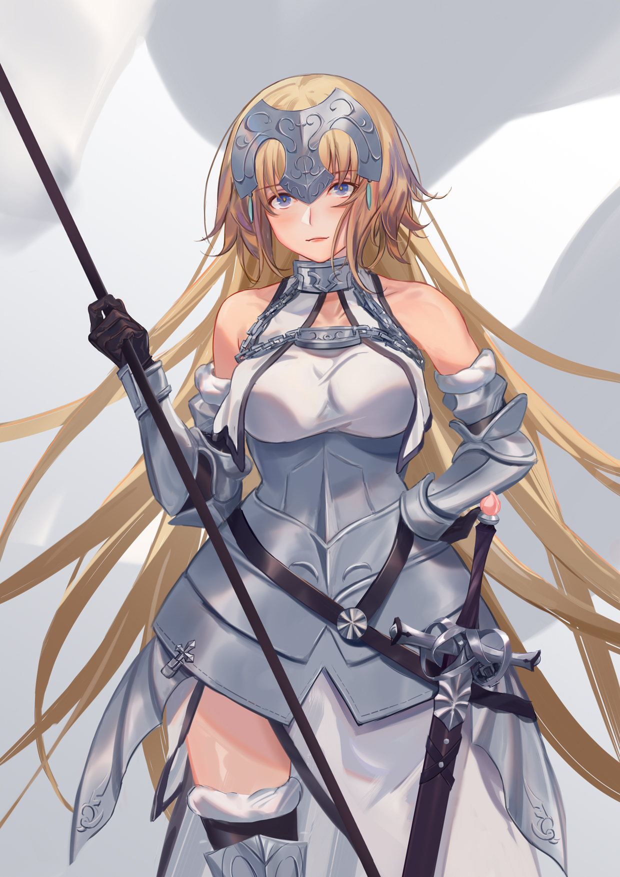 Anime 1240x1754 Fate/Grand Order anime girls blonde blue eyes armor sword long hair Jeanne d'Arc (Fate) Fate series Fate/Apocrypha  Ruler (Fate/Apocrypha)