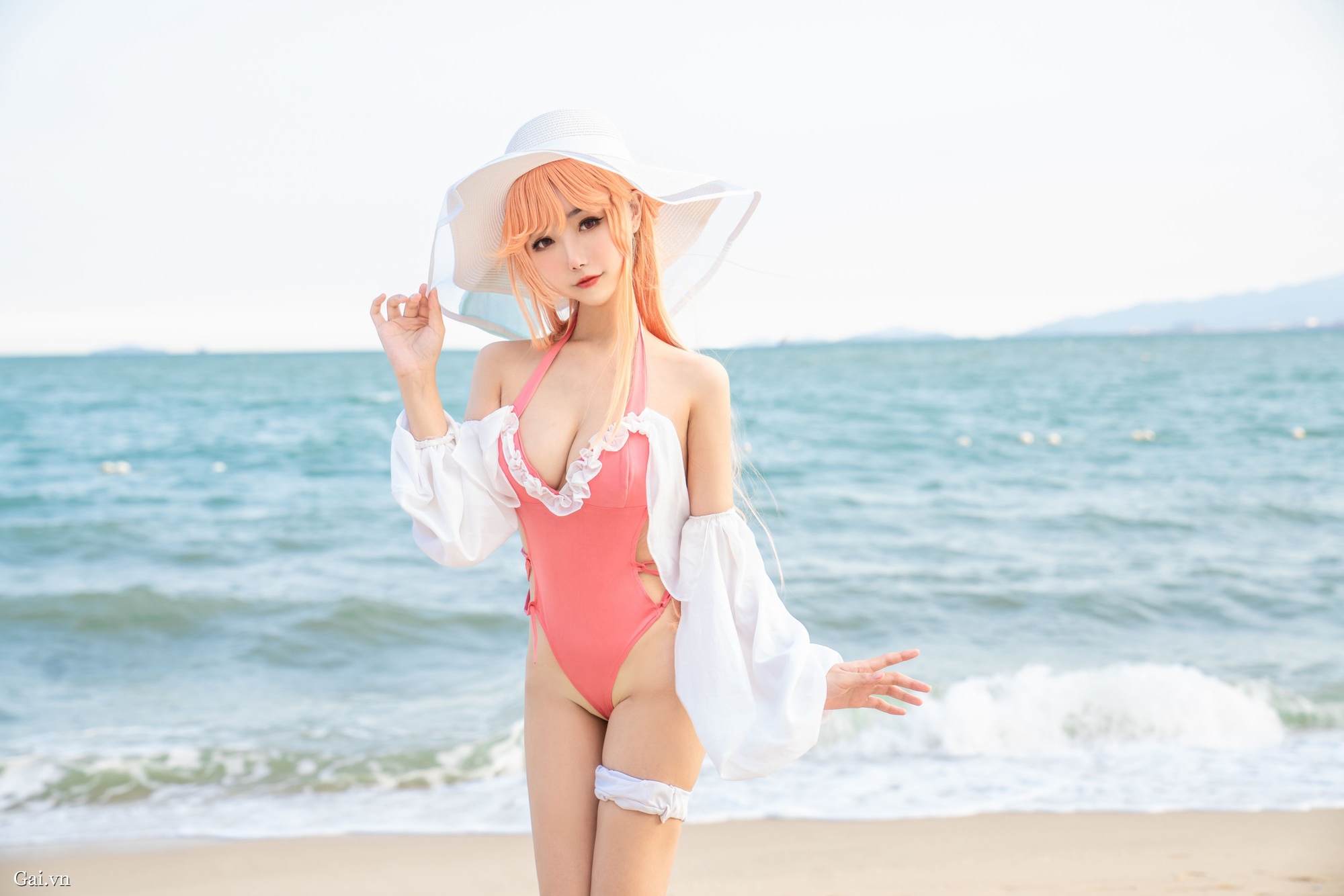 People 2000x1334 Momoko Aoi women model beach one-piece swimsuit long hair women outdoors Asian cosplay looking at viewer hat cleavage pink swimsuit