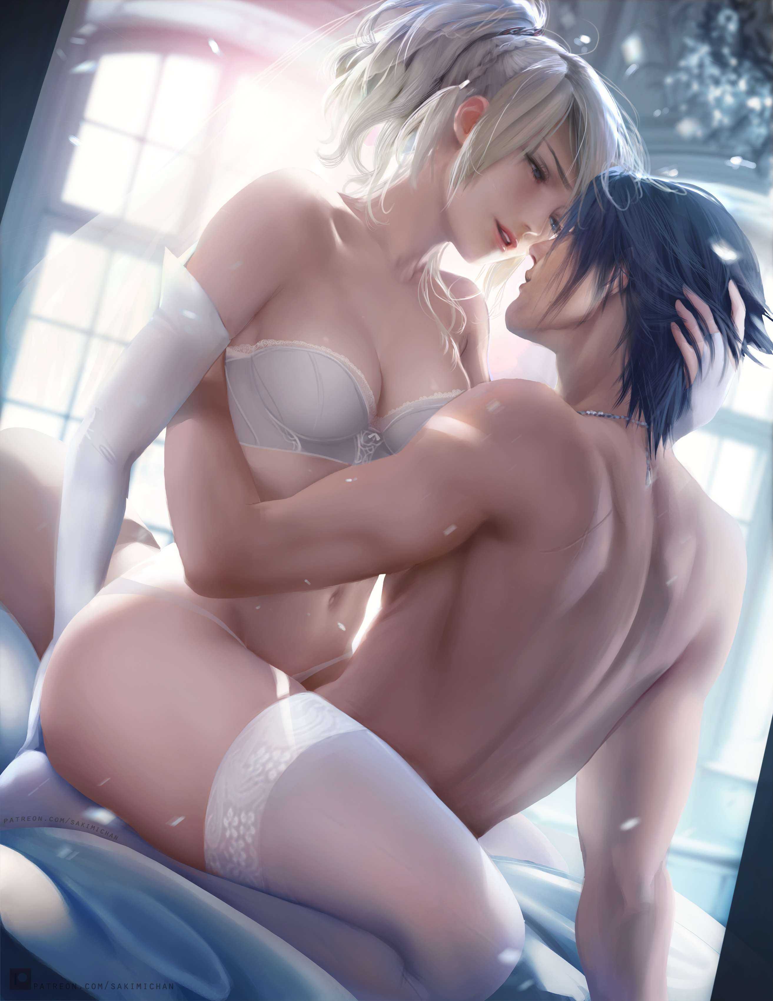 General 2627x3400 Sakimichan illustration boobs indoors Final Fantasy XV implied sex Lunafreya Nox Fleuret white stockings lingerie digital art