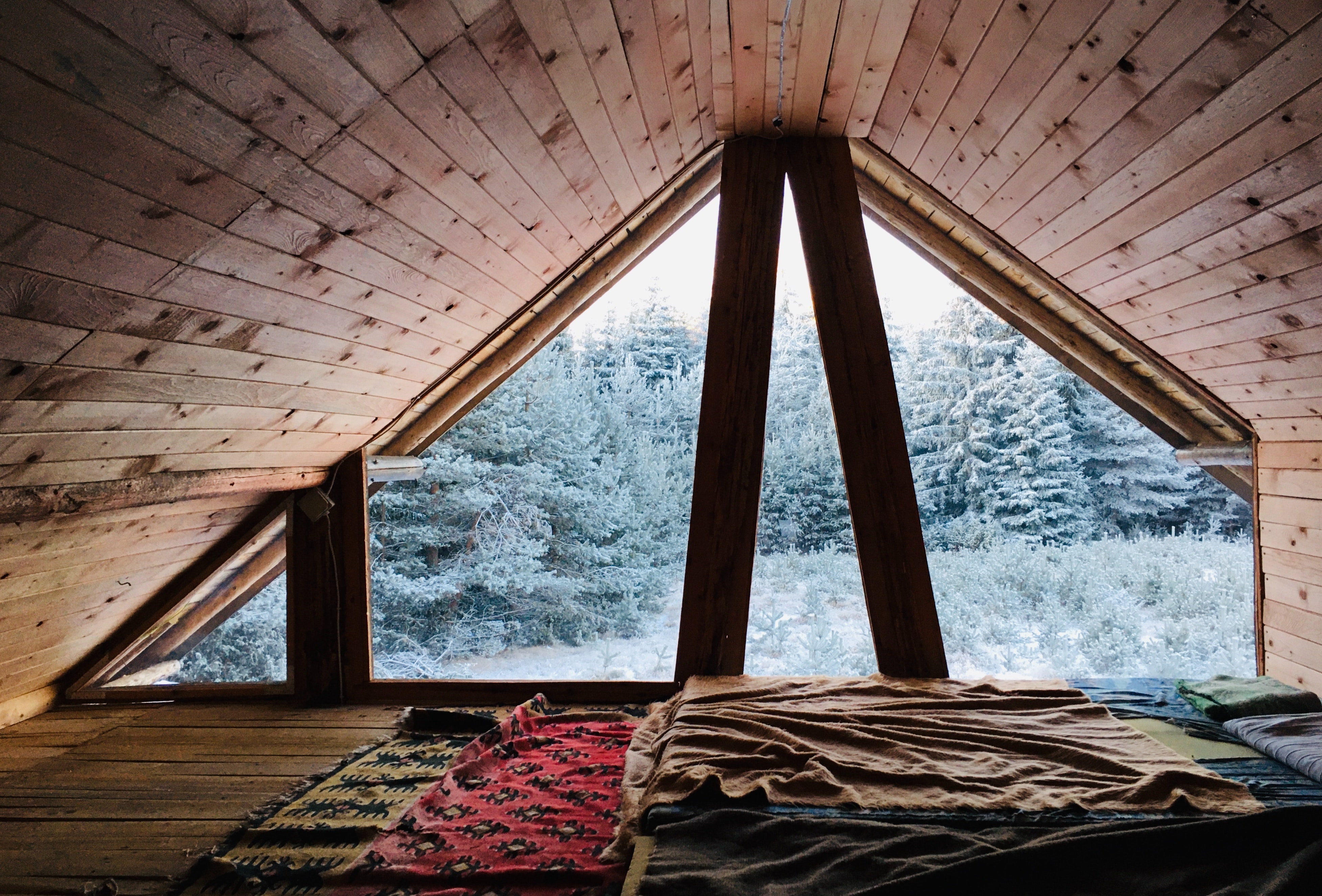 General 3909x2650 interior snow covered bed bedcover floor wooden floor minimalism window window frames snow pine trees winter