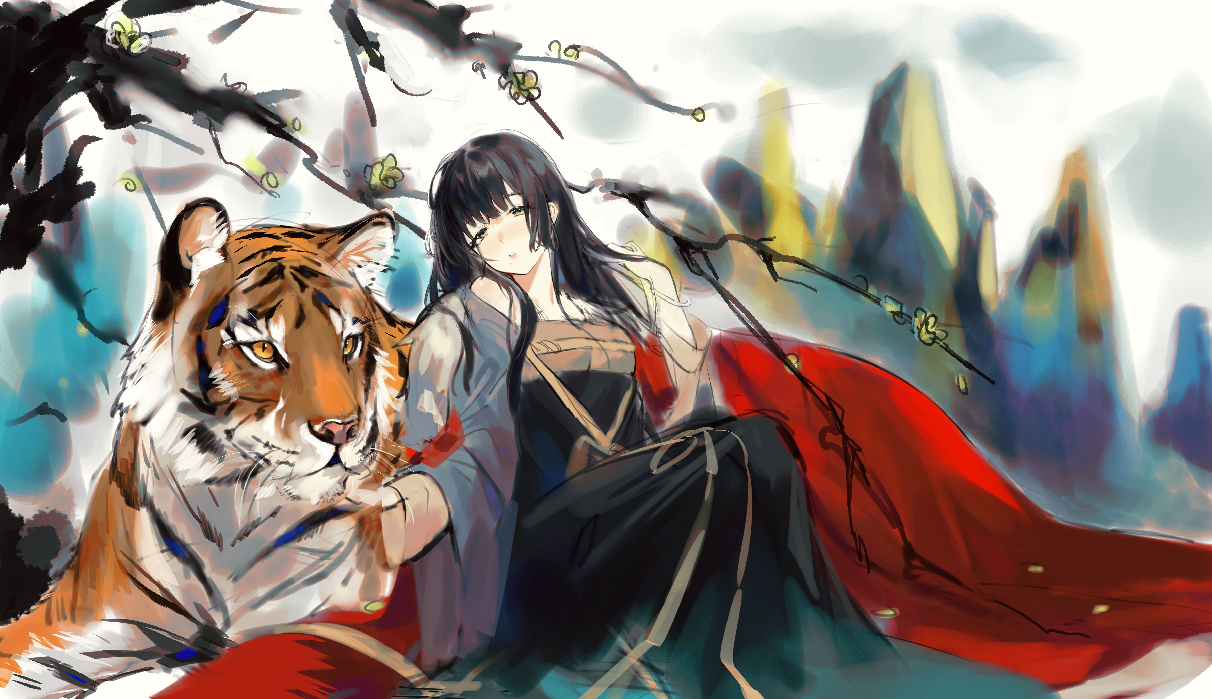 Anime 4773x2754 anime anime girls IIIroha original characters doodle tiger simple background