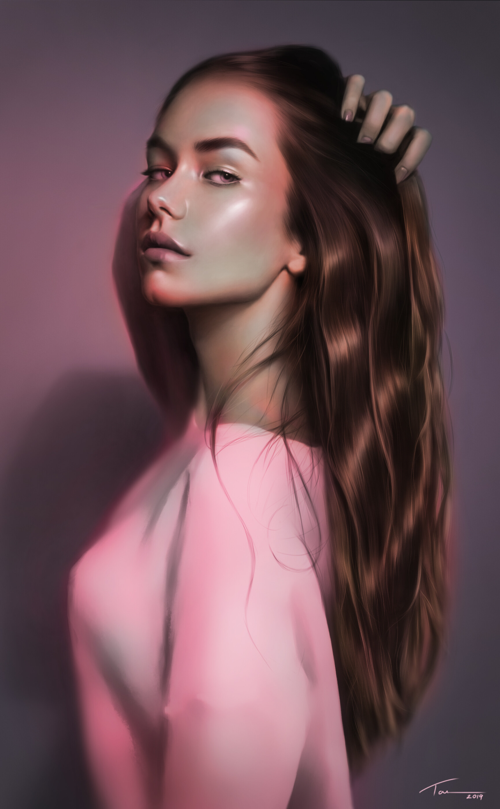 General 1728x2793 Tomas Valevicius hair   long hair portrait arm(s) behind head brunette portrait display women drawing looking at viewer closed mouth artwork simple background long neck ArtStation