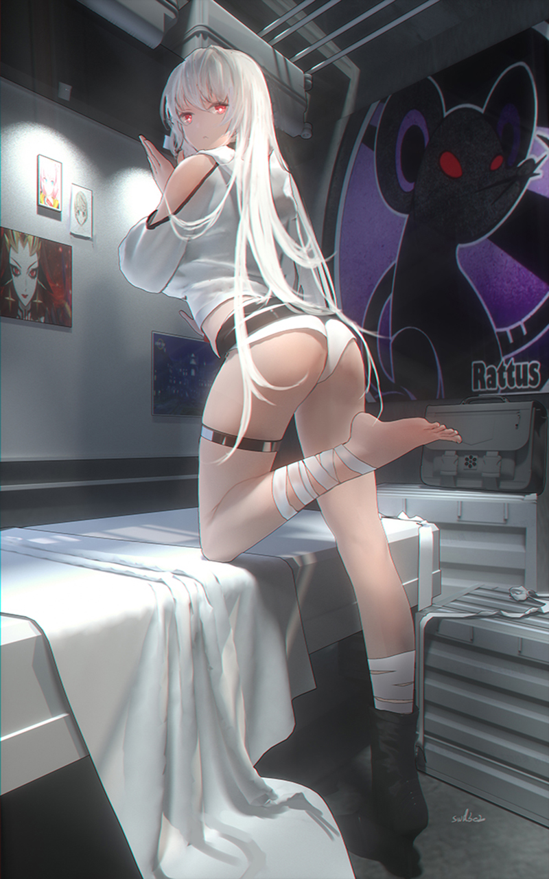 Anime 800x1280 anime anime girls Swd3e2 red eyes white hair ass Closers Mirae (Closers) short shorts