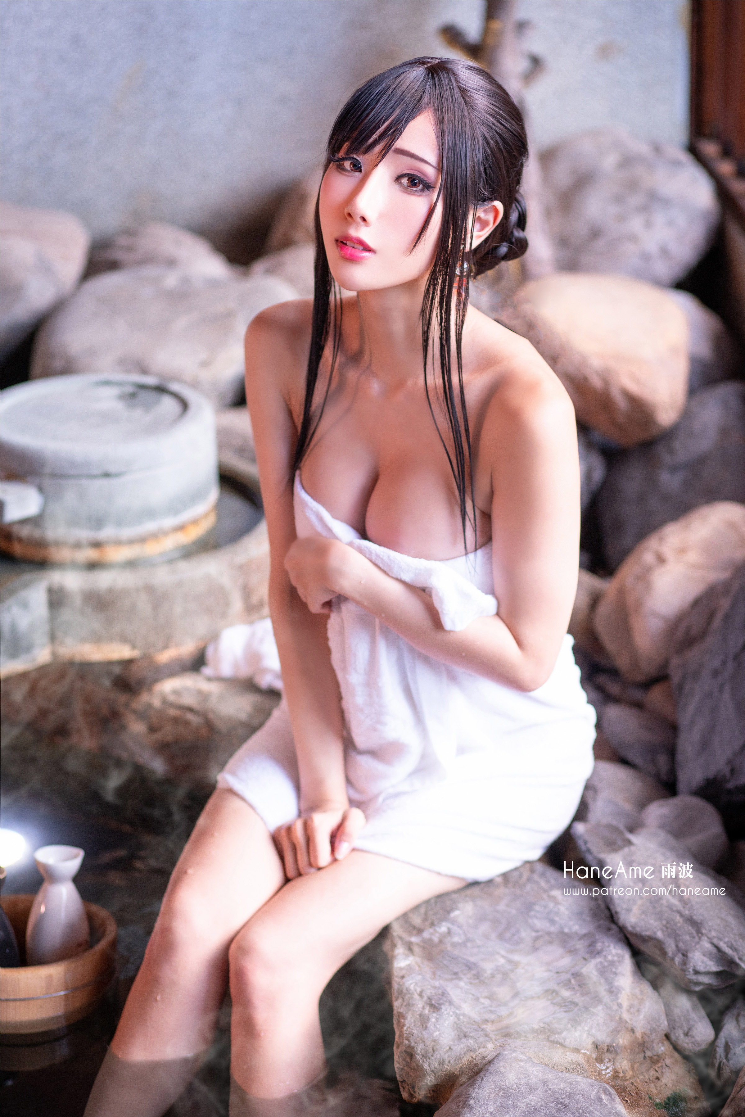 People 2400x3598 women model Asian cosplay Hane Ame hot spring black hair dark hair long hair big boobs cleavage women outdoors looking at viewer vertical