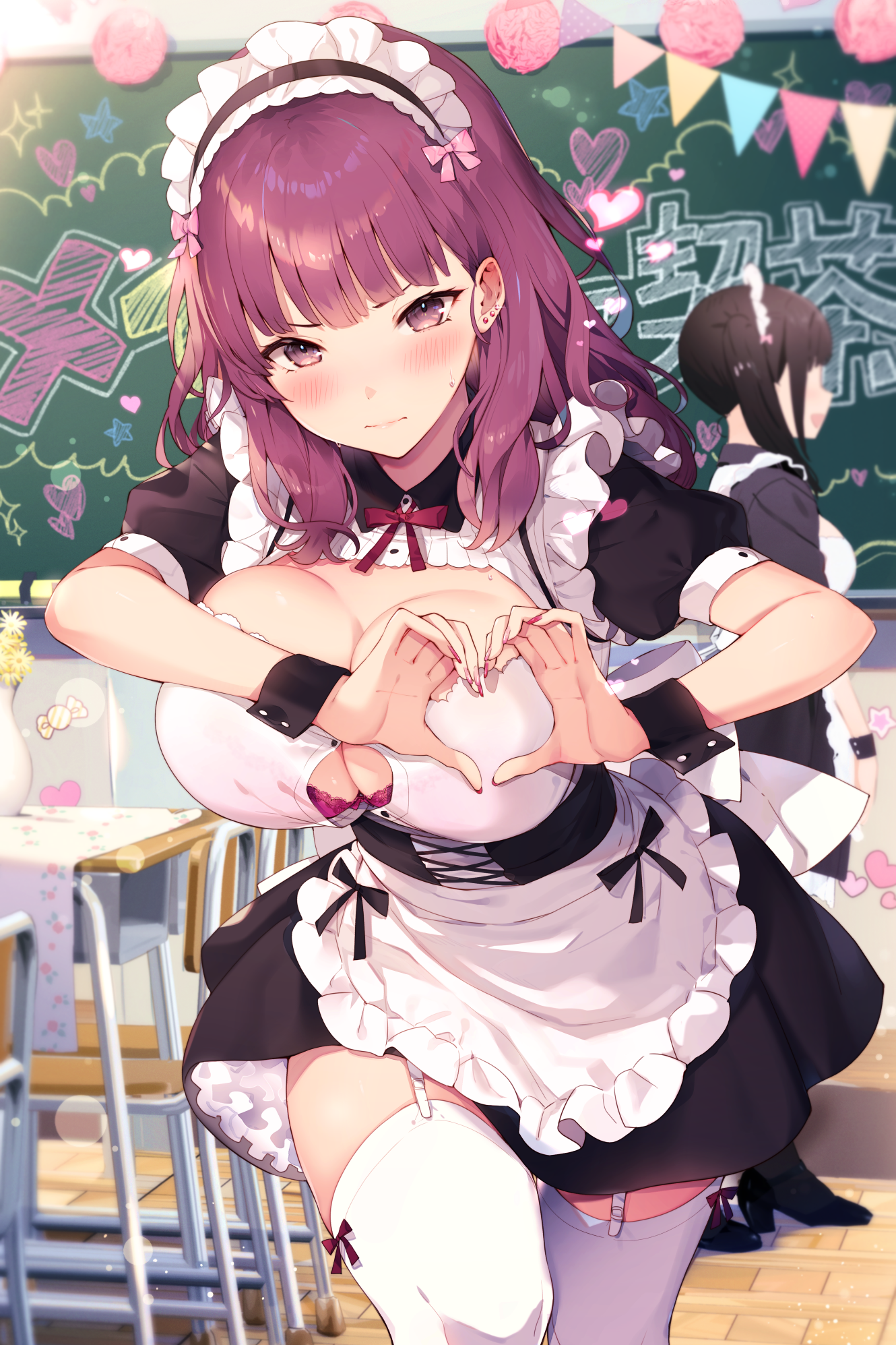 Anime 1330x1995 anime girls anime original characters portrait display looking at viewer bangs blushing maid maid outfit classroom cleavage dress underwear garter straps stockings white stockings 2D artwork drawing digital art Cut (artist) big boobs huge breasts standing thigh-highs headdress wrist cuffs boob heart heart hands