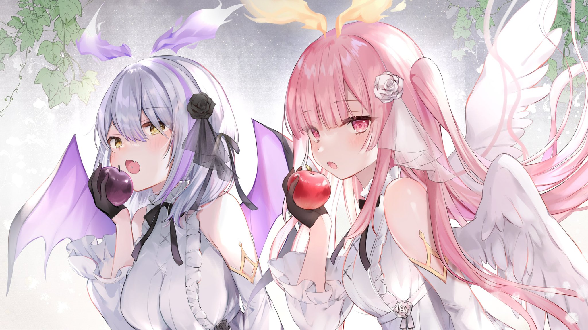 Anime 2048x1152 anime anime girls Rucaco artwork demon girls angel girl silver hair pink hair wings apples
