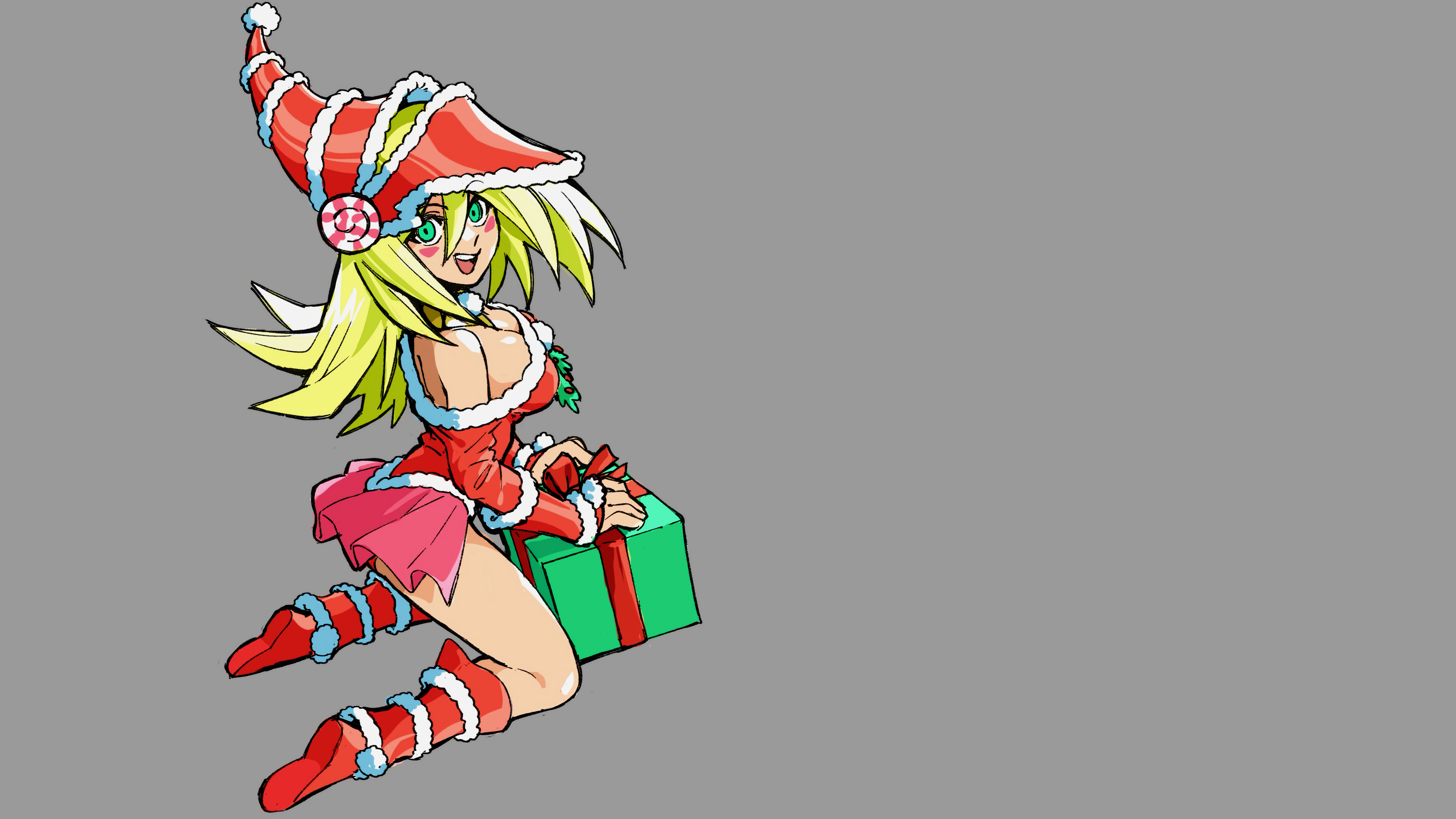 Anime 3840x2160 Yu-Gi-Oh! Dark Magician Girl Christmas presents Christmas clothes christmas dress blonde blue eyes looking at viewer thighs knee-high boots skirt miniskirt anime girls Trading Card Games