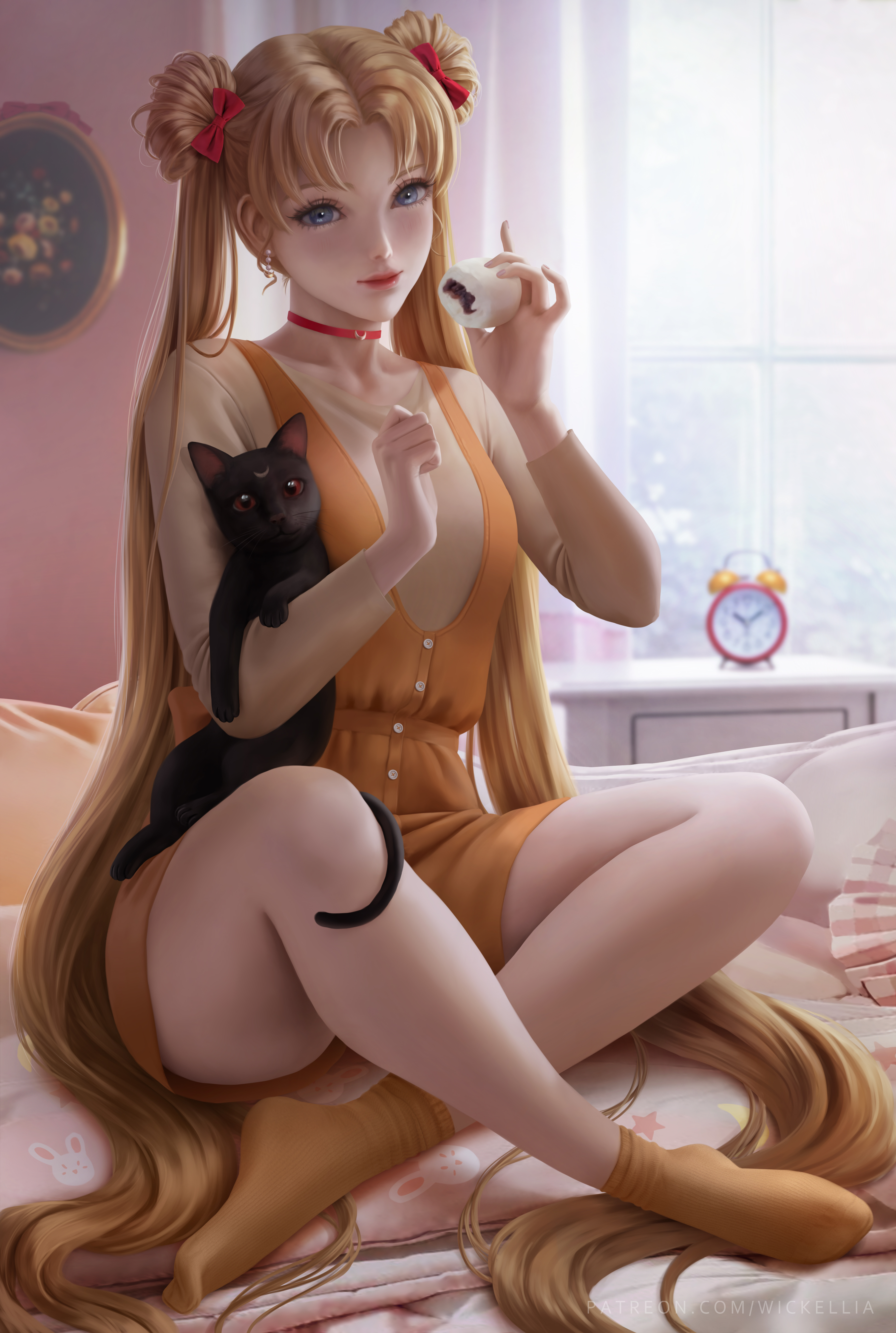 Anime 3900x5800 Tsukino Usagi anime anime girls cats casual socks blonde twintails blue eyes sitting in bed portrait display 2D artwork drawing fan art Wickellia