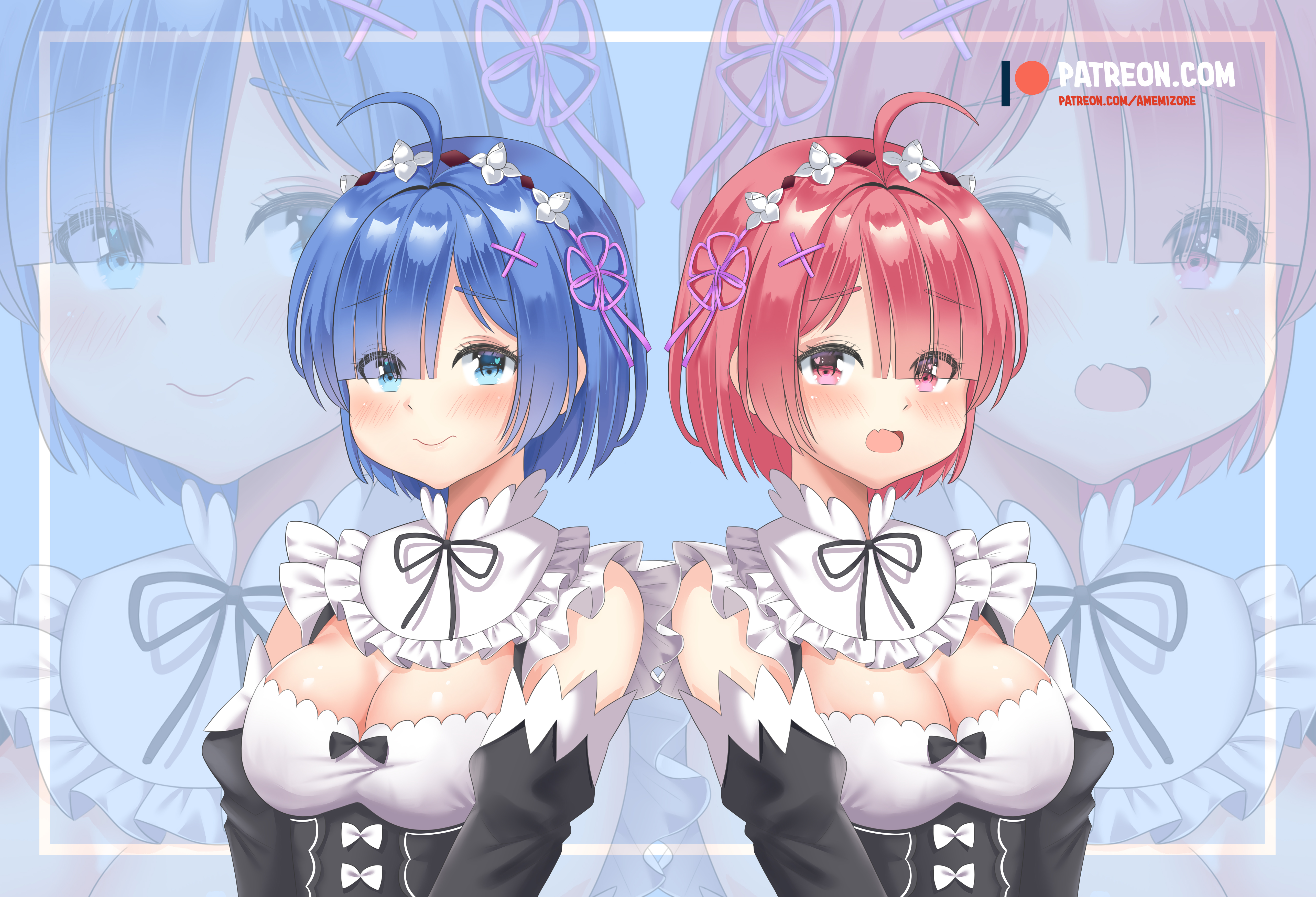 Anime 5143x3508 Re:Zero Kara Hajimeru Isekai Seikatsu Rem (Re:Zero) Ram (Re: Zero) anime anime girls twins blue hair pink hair maid maid outfit