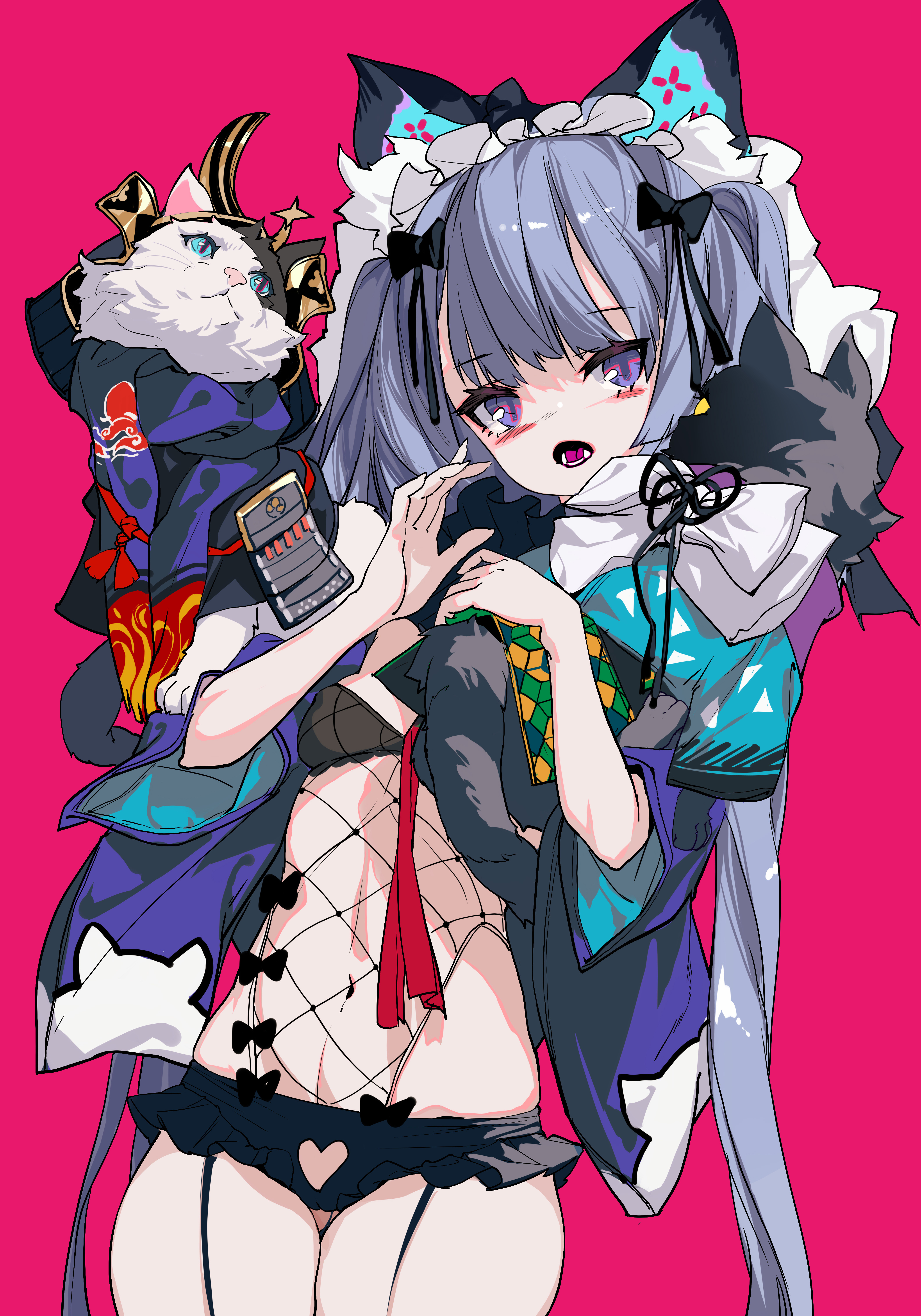 Anime 4200x6000 anime anime girls simple background belly purple eyes gray hair underwear cats artwork Grandialee