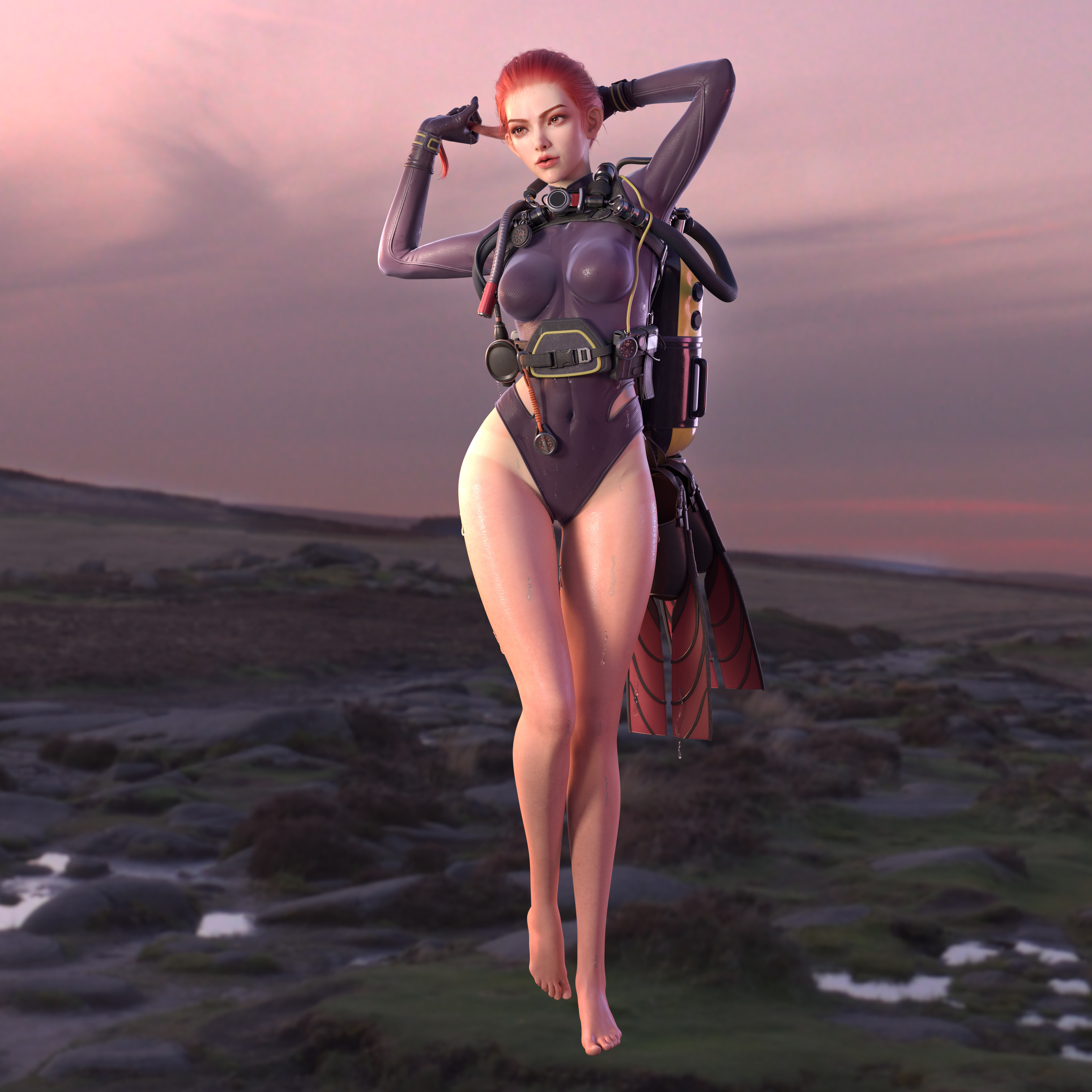 General 3840x3840 Owen Q CGI women redhead bodysuit tight clothing sky divers pointed toes
