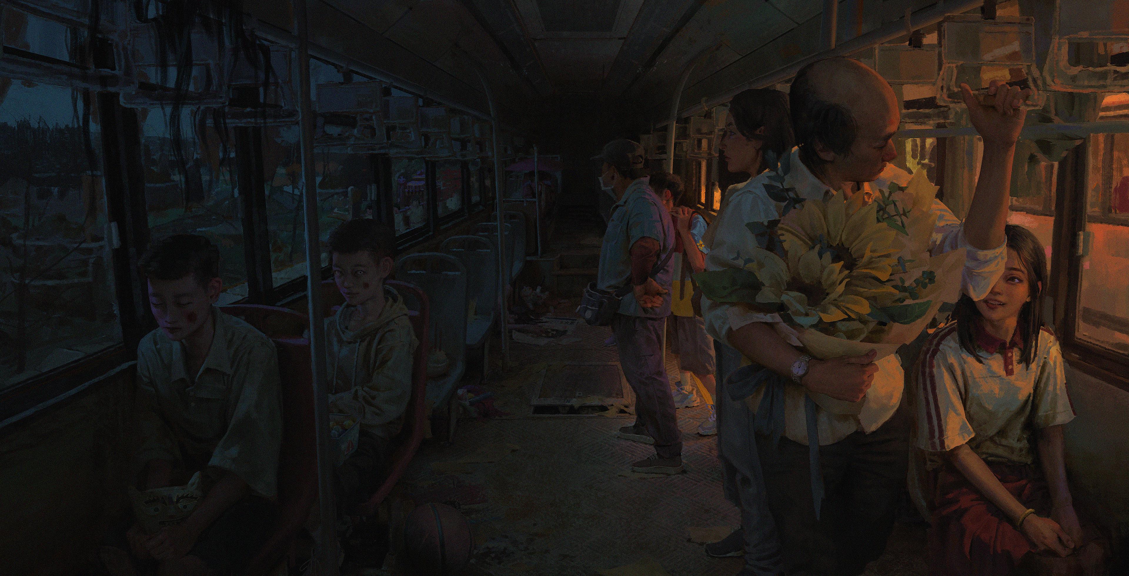 Anime 3840x1961 artwork in bus digital art train interior flowers