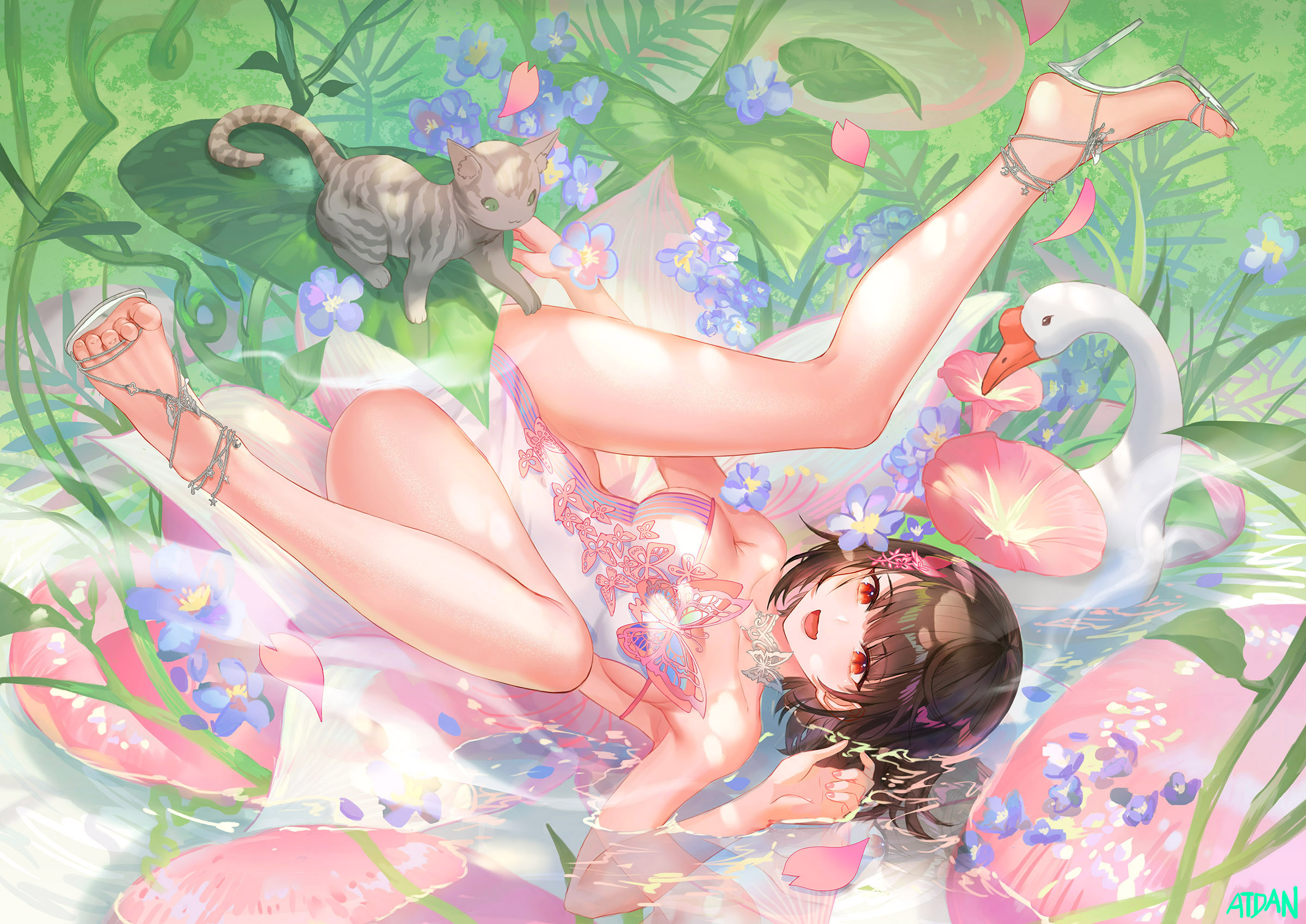Anime 2400x1699 Atdan original characters anime girls cats geese animals water spread legs red eyes petals plants white heels