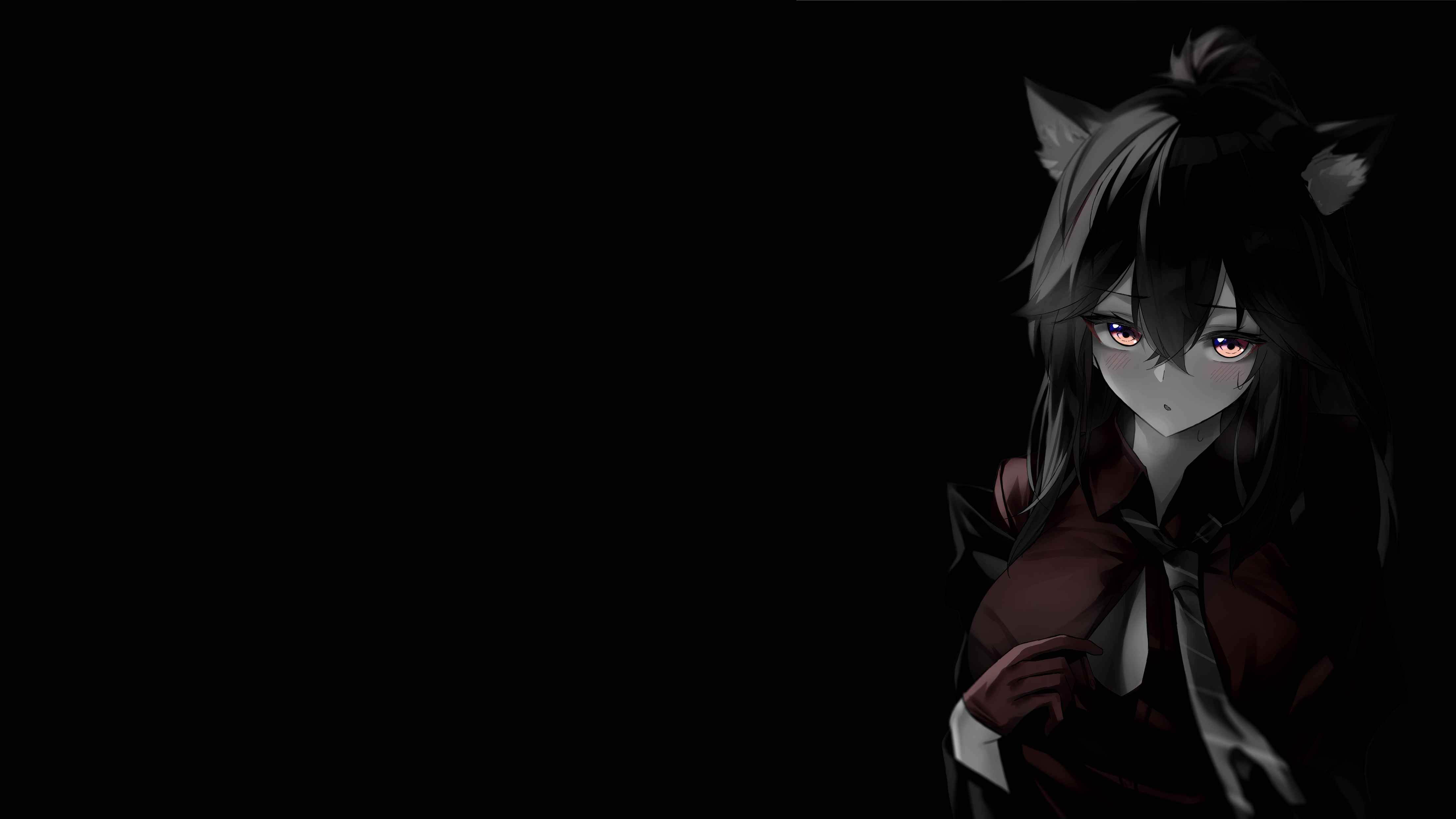 tongue out, fox ears, anime girls, selective coloring, black background,  dark background, simple background, fox girl, lollipop