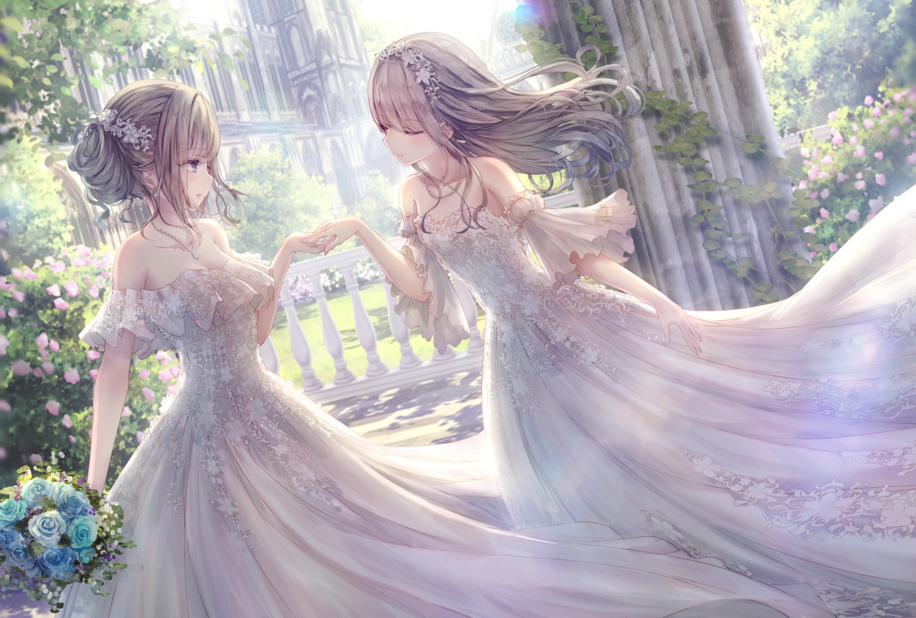 Anime 1883x1271 brides bouquet wedding dress flowers dress closed eyes anime girls