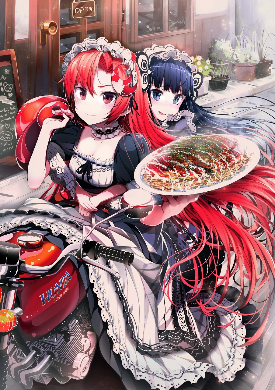 Anime 904x1280 anime anime girls two women original characters maid maid outfit artwork digital art fan art food motorcycle Honda women with motorcycles