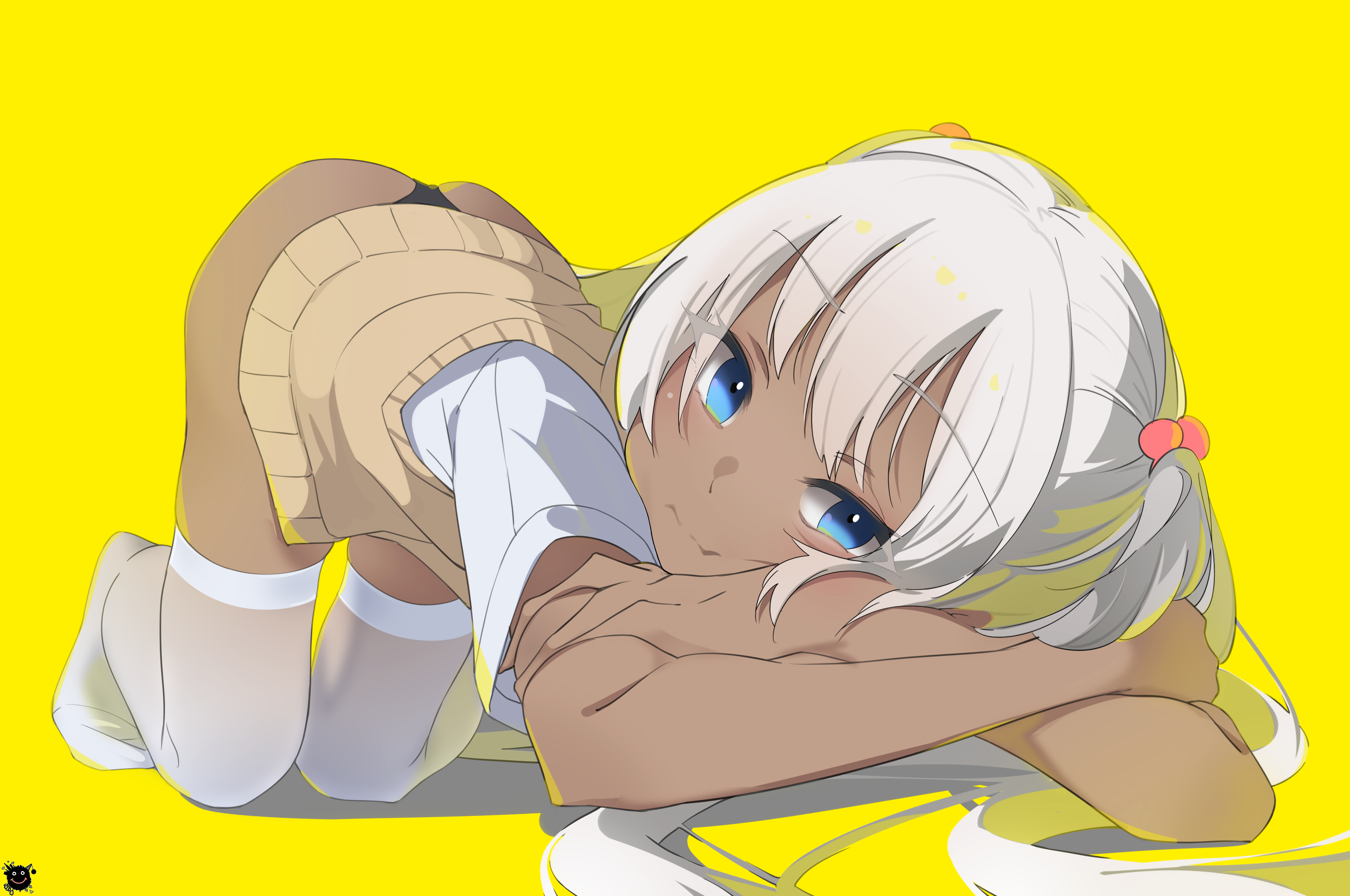Anime 3844x2552 artwork thigh-highs school uniform panties bent over dark skin white hair blue eyes anime girls Unimon E