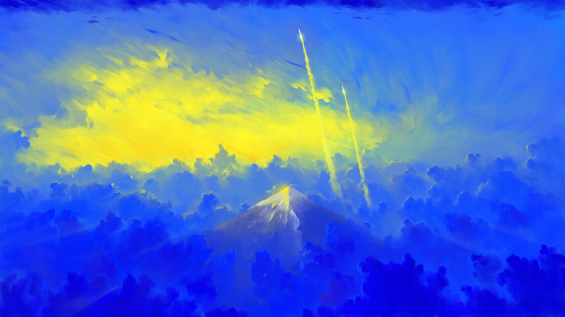 General 1920x1080 BisBiswas mountains clouds sunrise rocket digital art