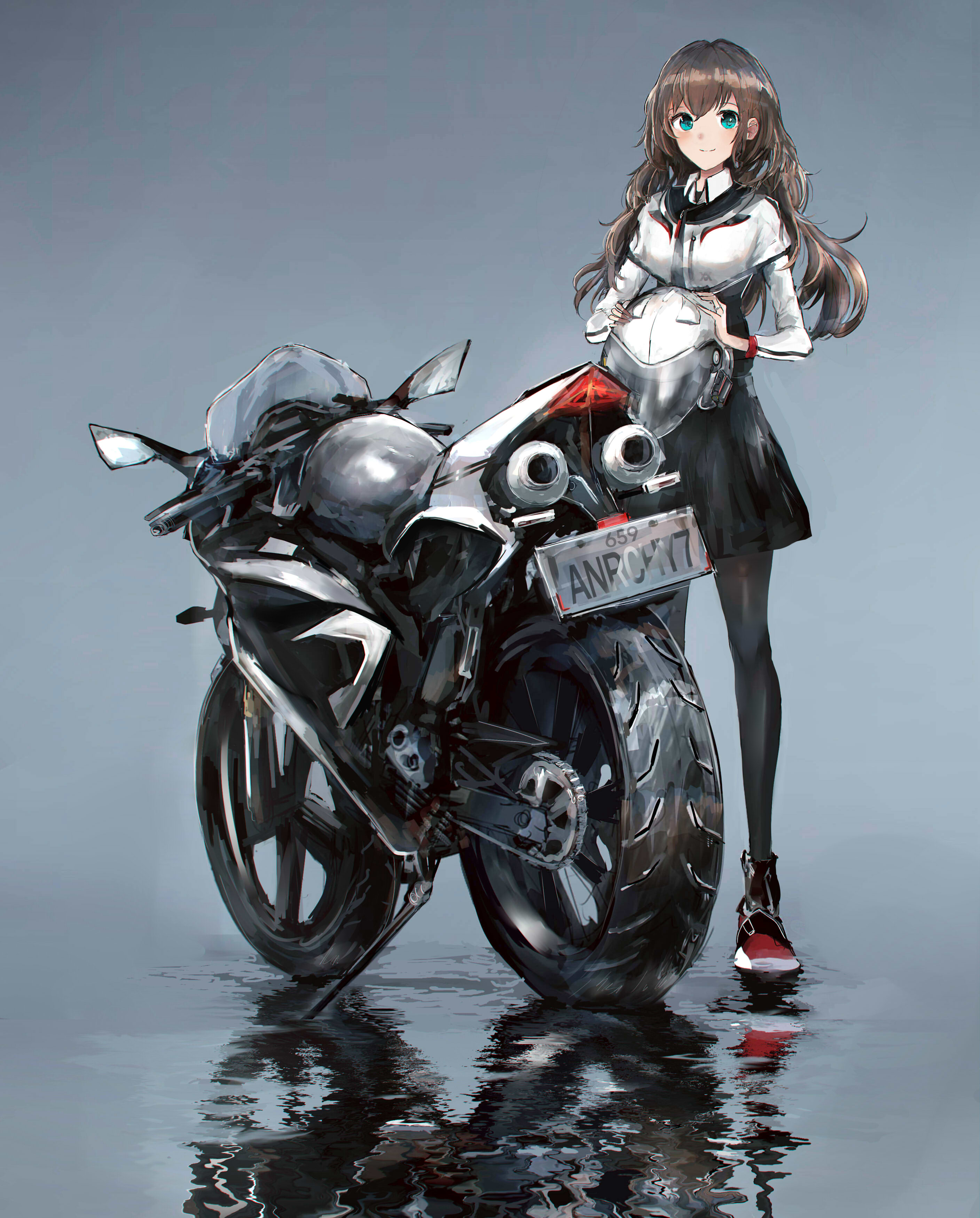 Anime 2815x3500 anime SWAV anime girls portrait display motorcycle brunette aqua eyes helmet