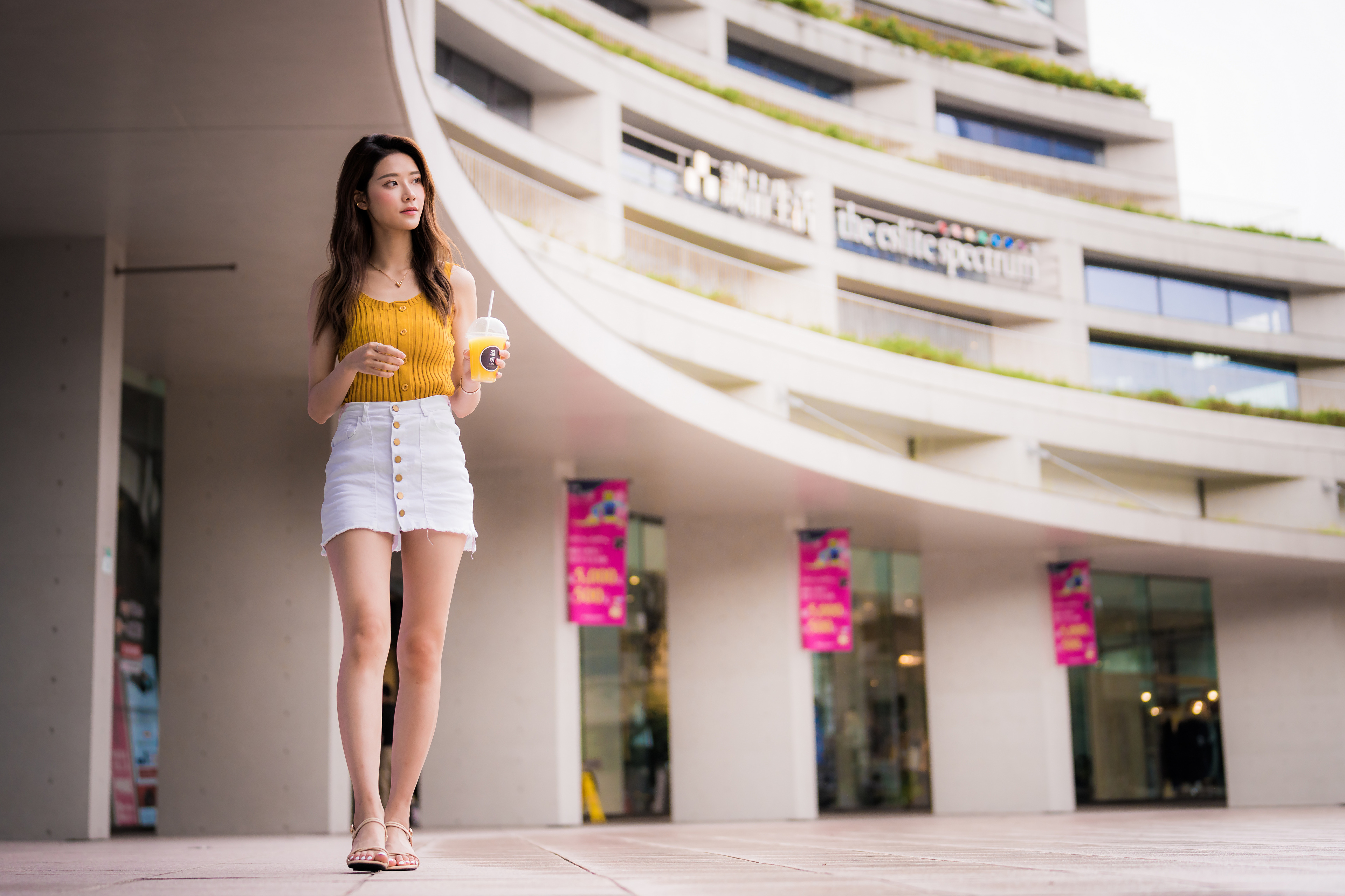People 3840x2559 Asian model women long hair brunette white skirt yellow shirt barefoot sandal building walking juice cup worm's eye view