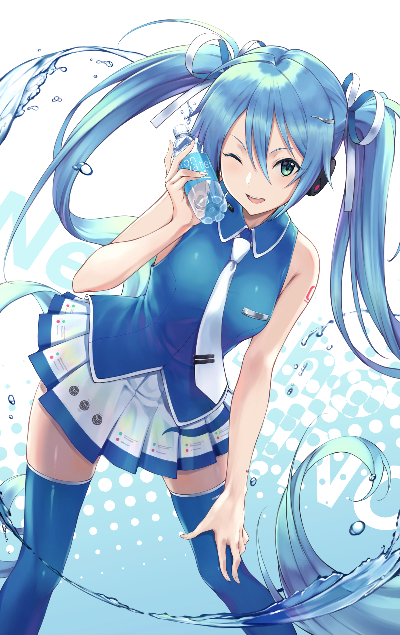 Anime 1391x2208 anime girls Vocaloid Hatsune Miku Chokuro smiling thigh-highs blue hair twintails