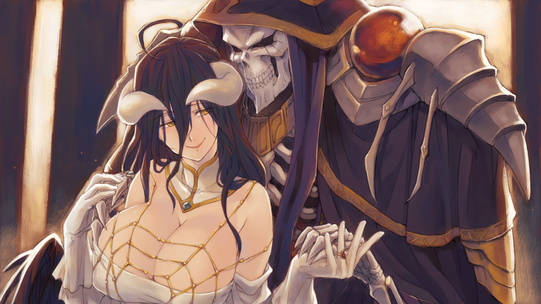Anime 1800x1012 Overlord (anime) anime girls 2D fan art digital art huge breasts long hair white gloves no bra succubus horns smiling black hair white dress yellow eyes cleavage skeleton Ainz Ooal Gown Albedo (OverLord)