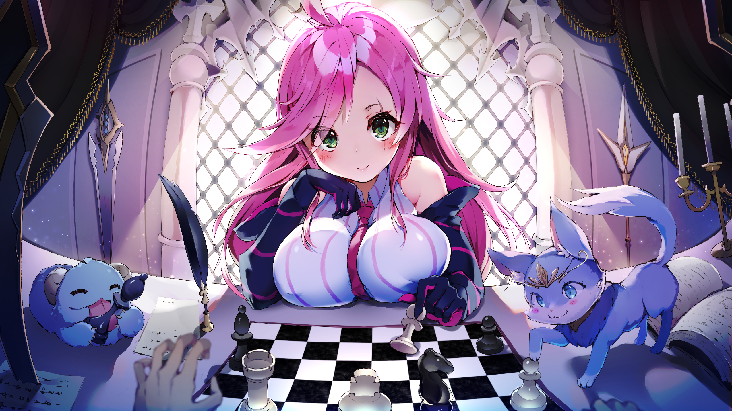 Anime 2550x1434 League of Legends pink hair green eyes long hair blushing gloves tie paper feathers Katarina (League of Legends) chess POV frontal view chessboard looking at viewer pawns sword window resting head big boobs leaning bare shoulders animals creature fantasy art elbow gloves centered fisheye lens quills books Star of David candles playing anime anime girls boobs huge breasts women video game girls video game art PC gaming board games