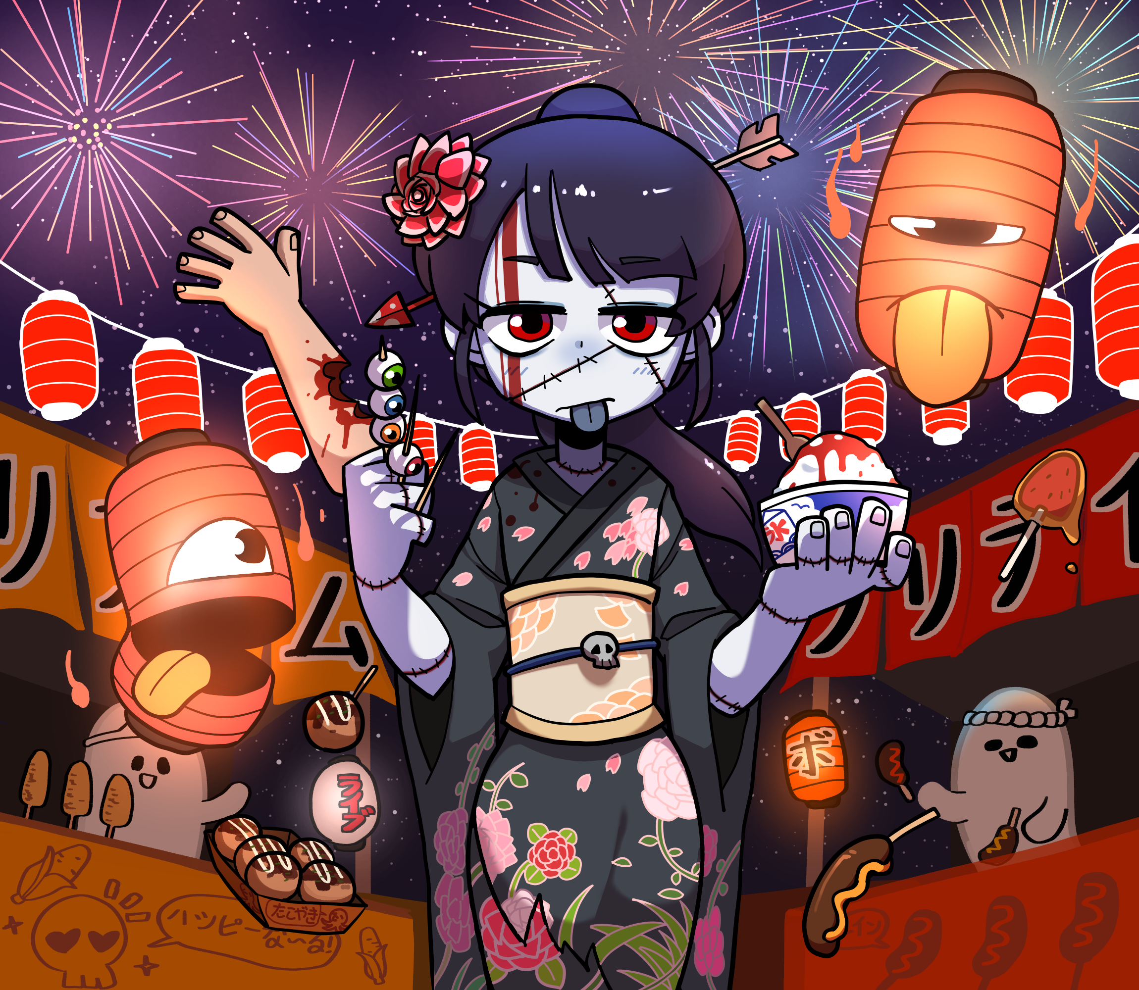 Anime 2300x2000 fireworks food ghost Frankenstein kimono