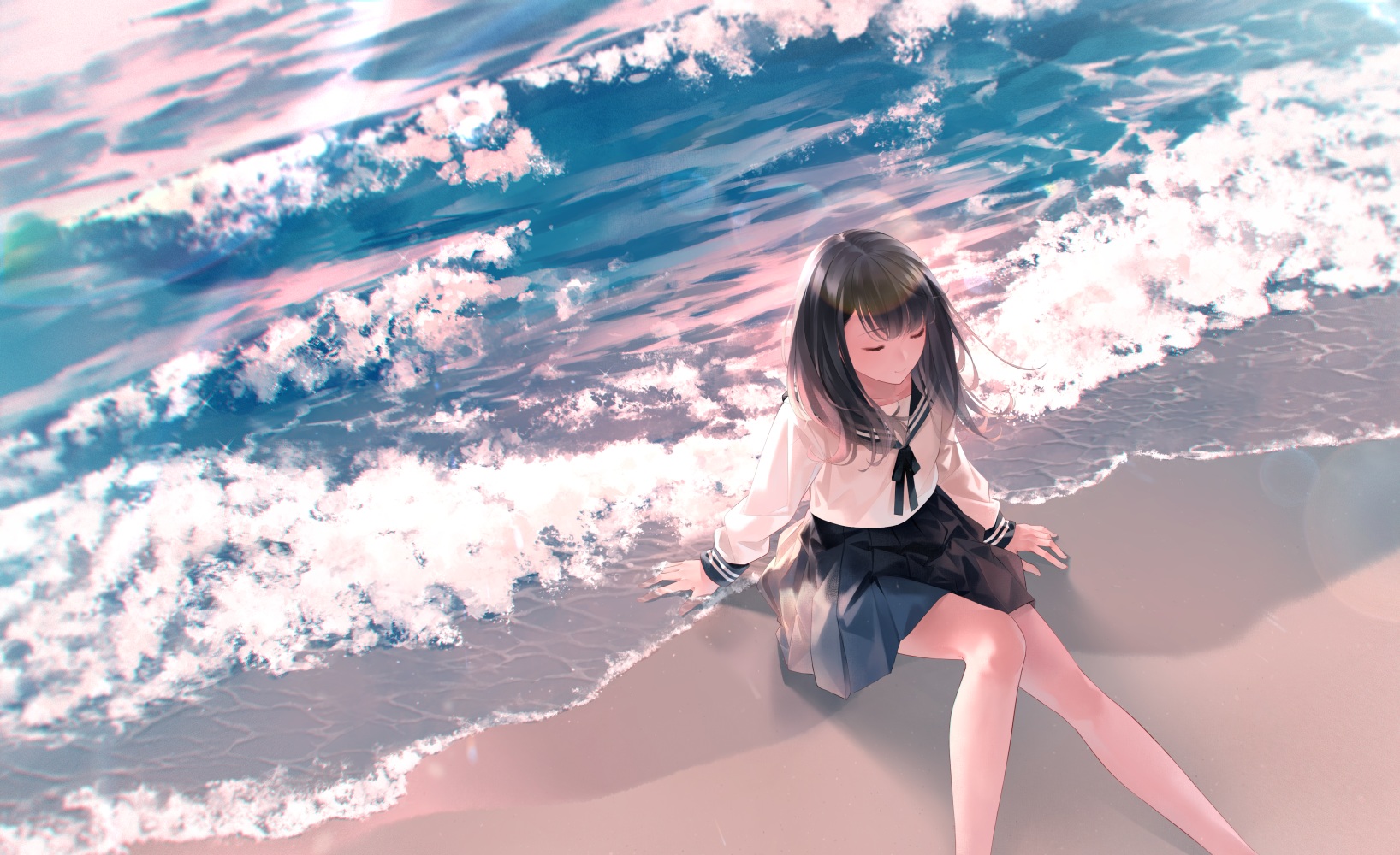 Anime 1636x1000 anime anime girls beach school uniform sea black hair Sawasawa artwork