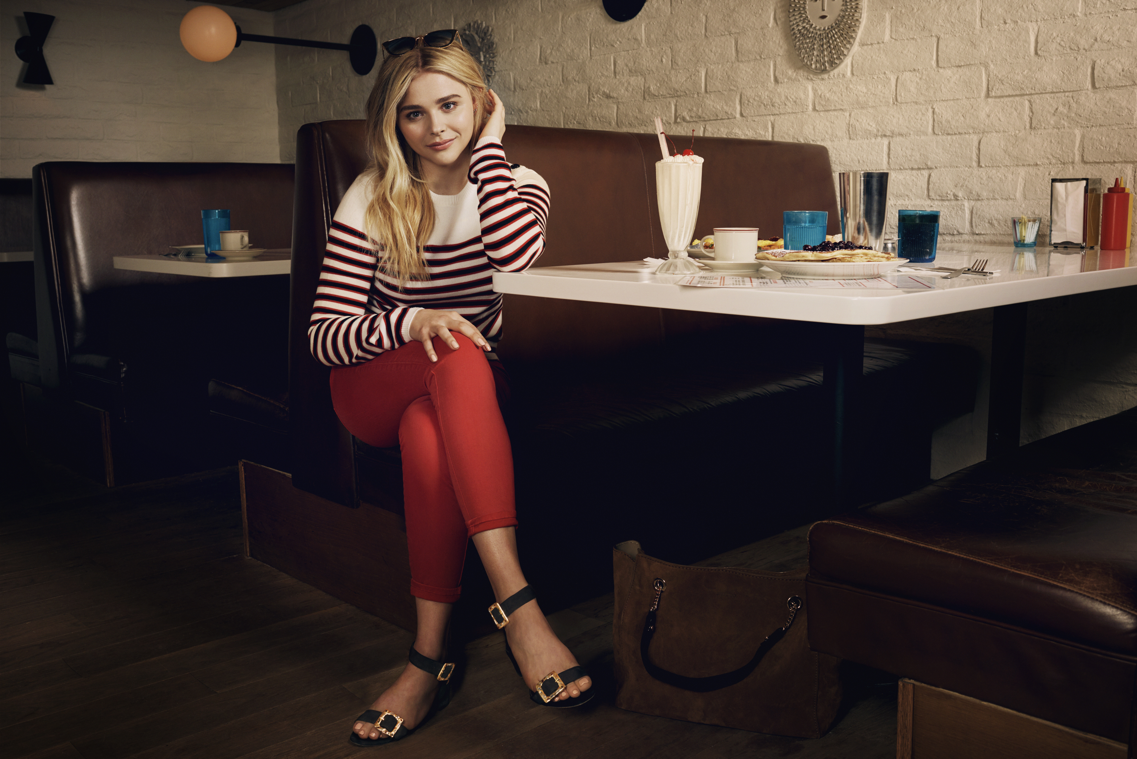 People 3680x2456 Chloë Grace Moretz women blonde actress long hair indoors milkshake feet