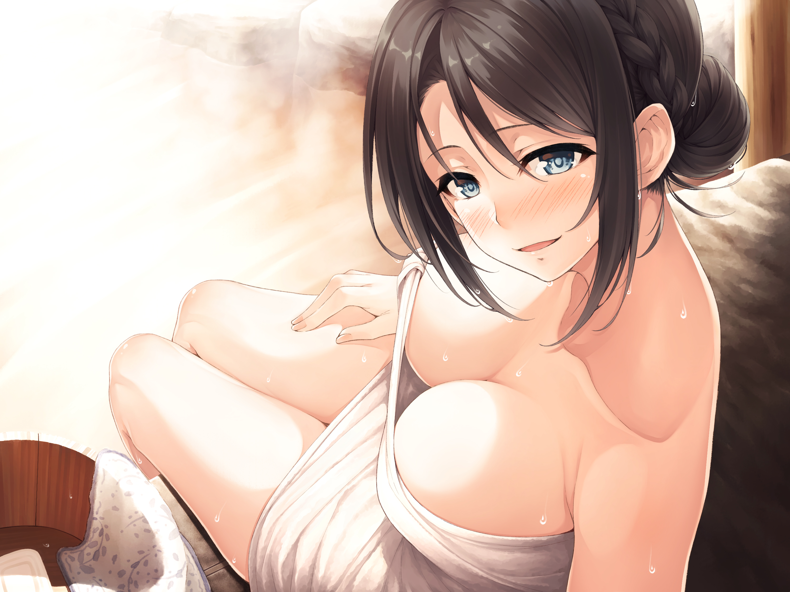Anime 3000x2250 anime girls anime original characters big boobs cleavage onsen Hasumi hot spring towel bathing sitting