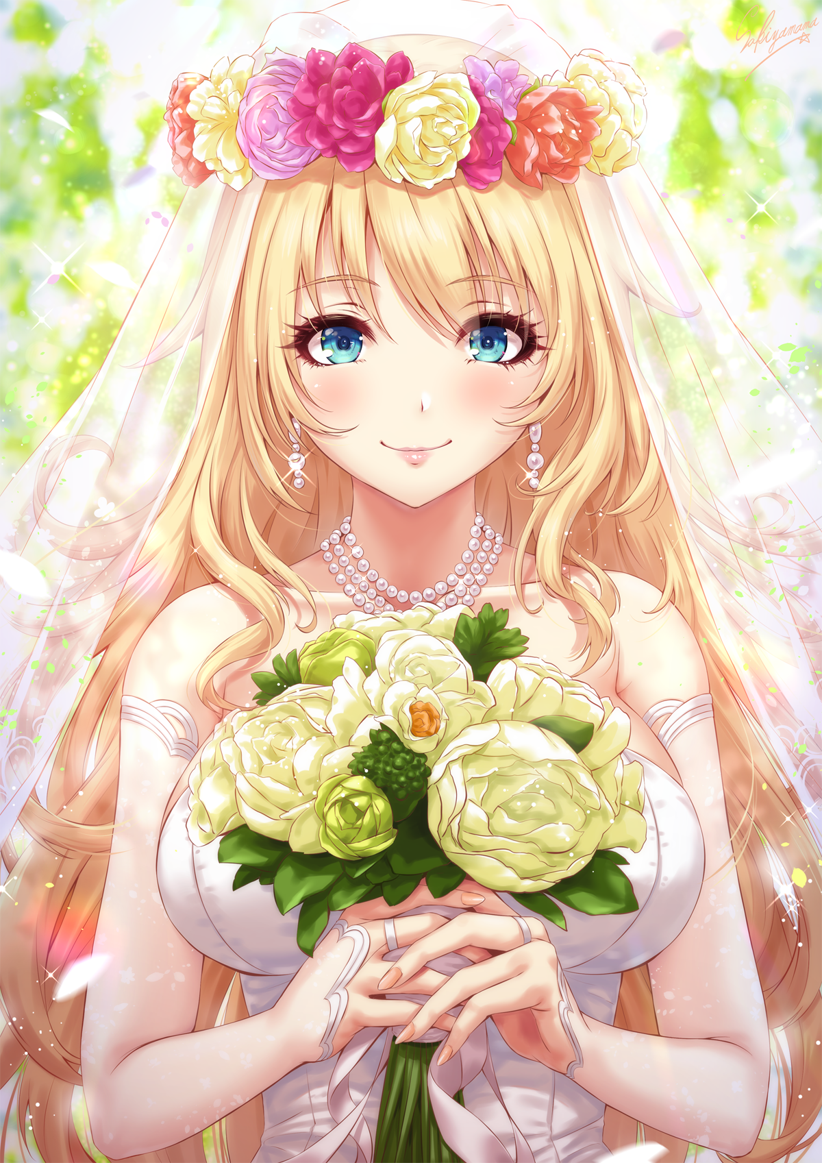 Anime 1200x1697 anime girls anime sakiyamama Kantai Collection Atago (KanColle) wedding dress simple background big boobs smiling