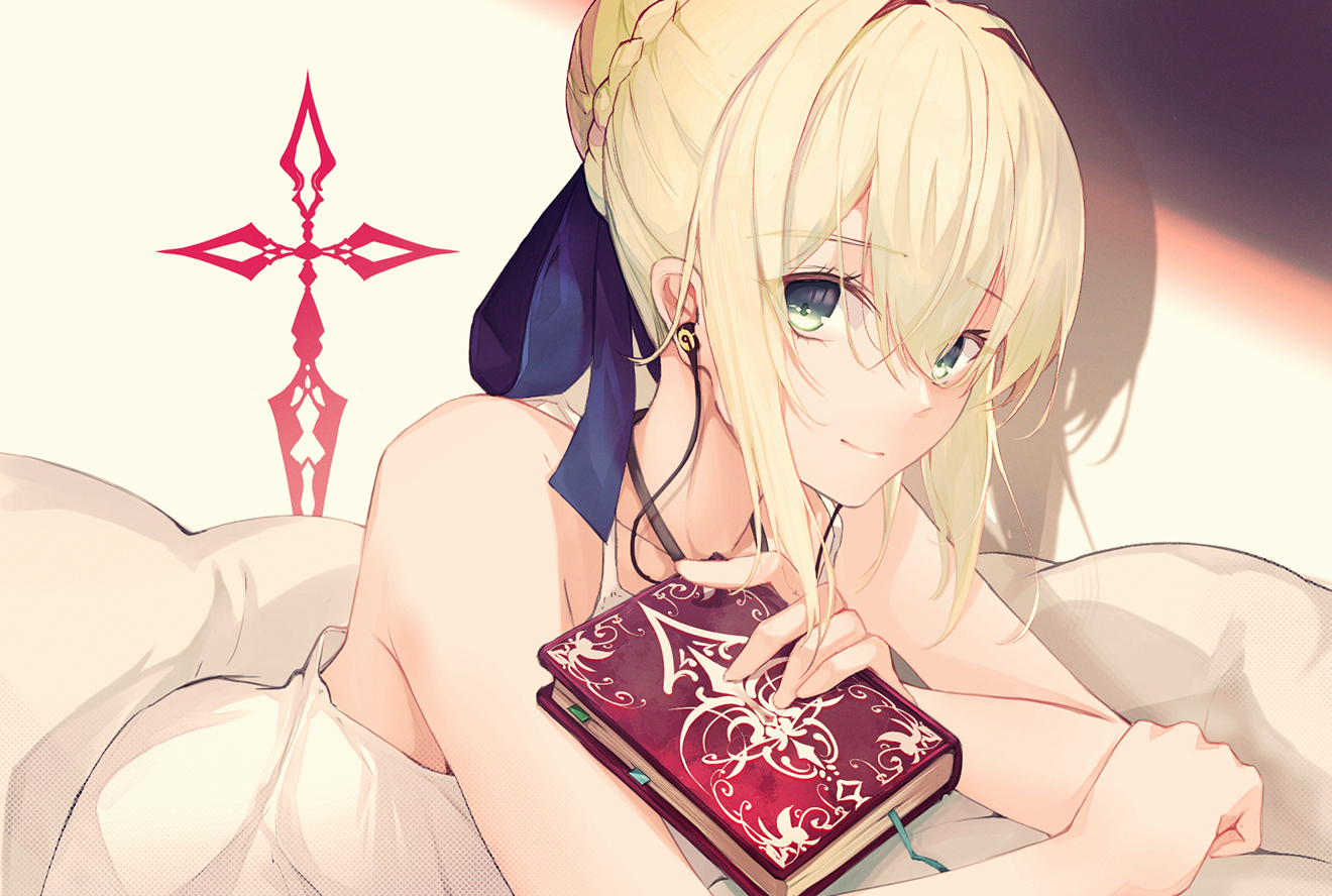 Anime 1320x888 Fate series Fate/Stay Night anime girls white dress white sheets Saber smiling simple background blonde Artoria Pendragon green eyes earphones books