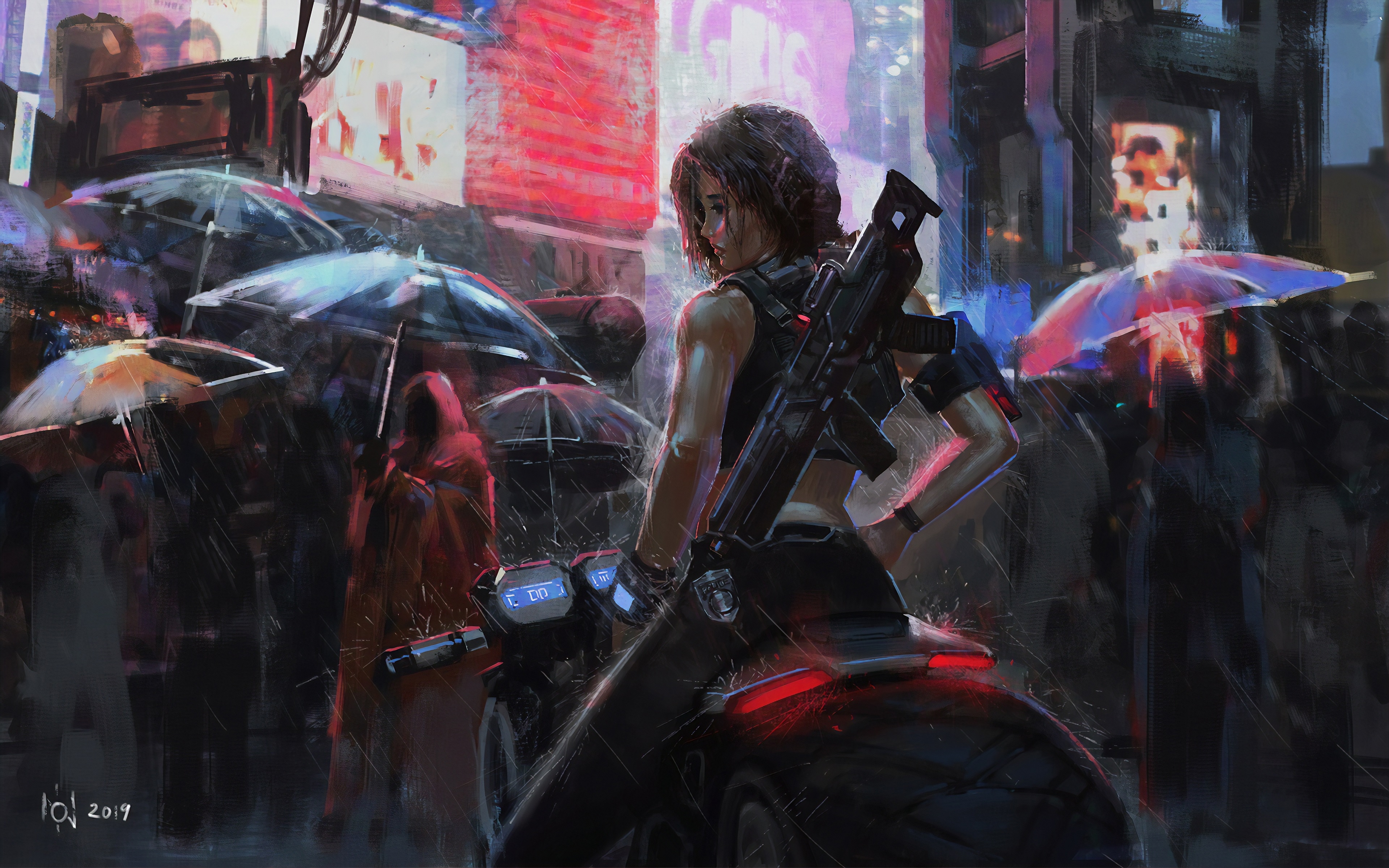 General 3840x2400 women Asian weapon city umbrella rain futuristic motorcycle fantasy art night Huy Tran Viet