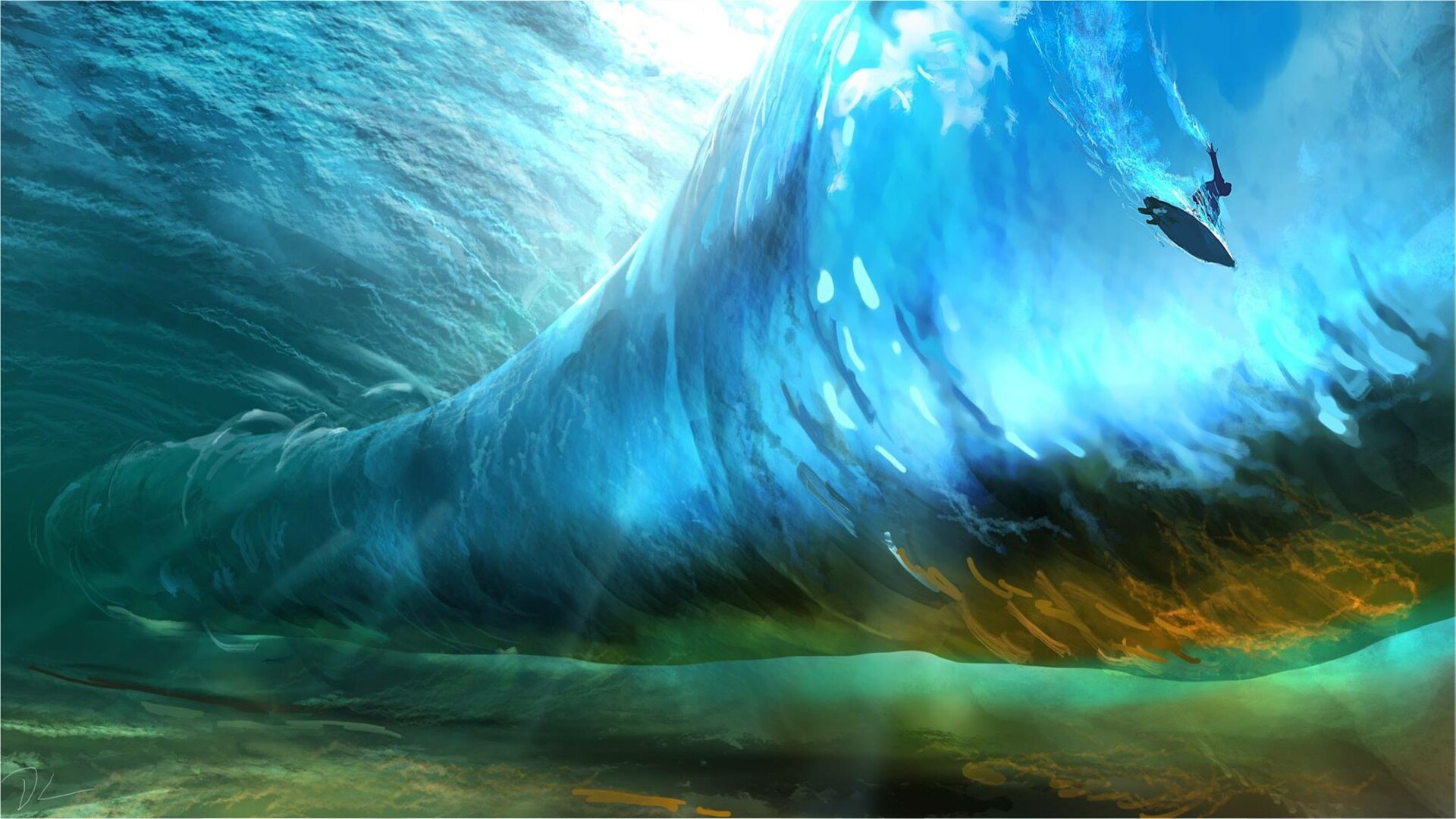 General 1920x1080 digital art artwork landscape water underwater surfers surfing waves lights blue green environment concept art digital painting drawing tropical tropical water nature sea surreal illustration sun rays