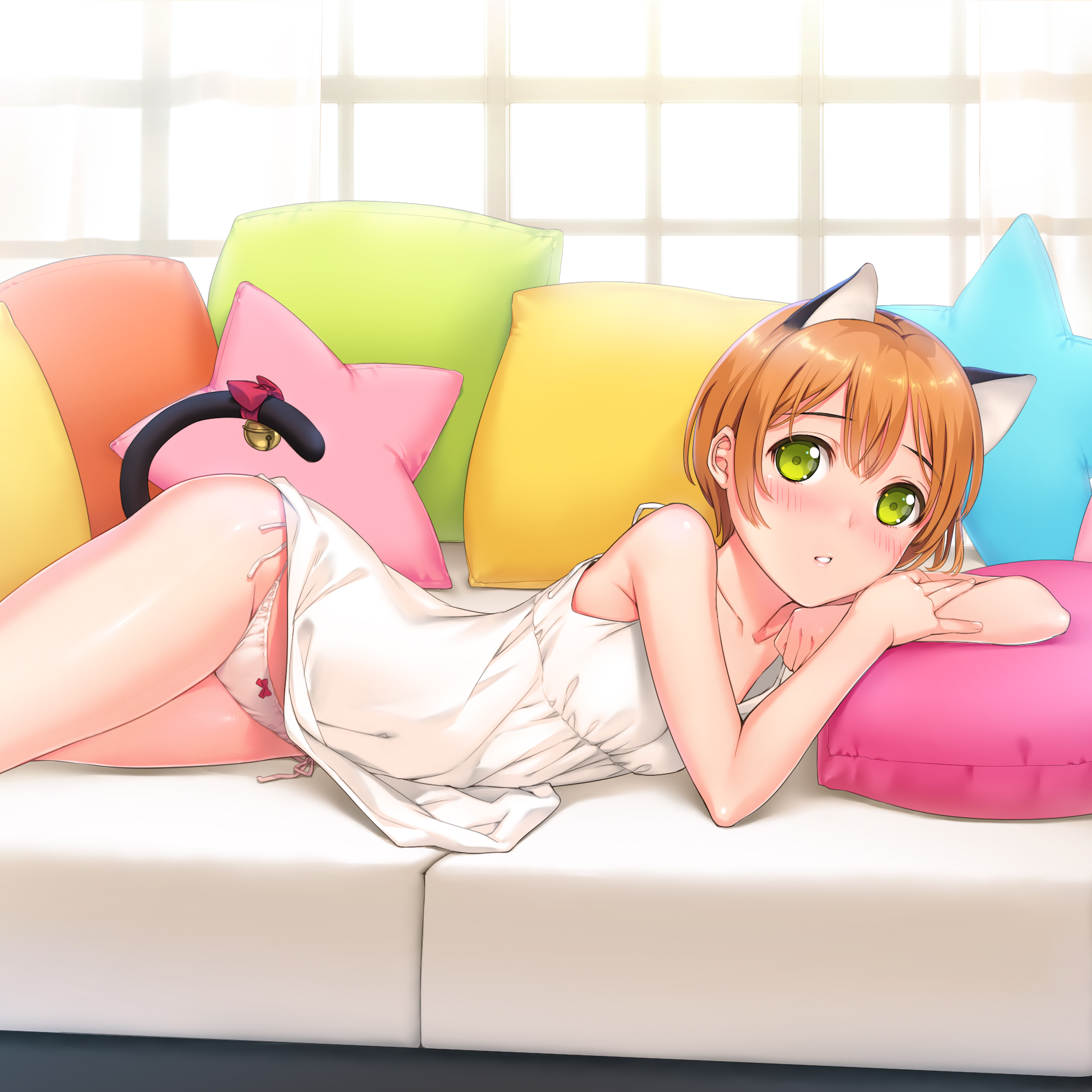 Anime 1872x1872 cat girl lying on couch Hoshizora Rin Love Live! anime anime girls artwork Mignon (artist)