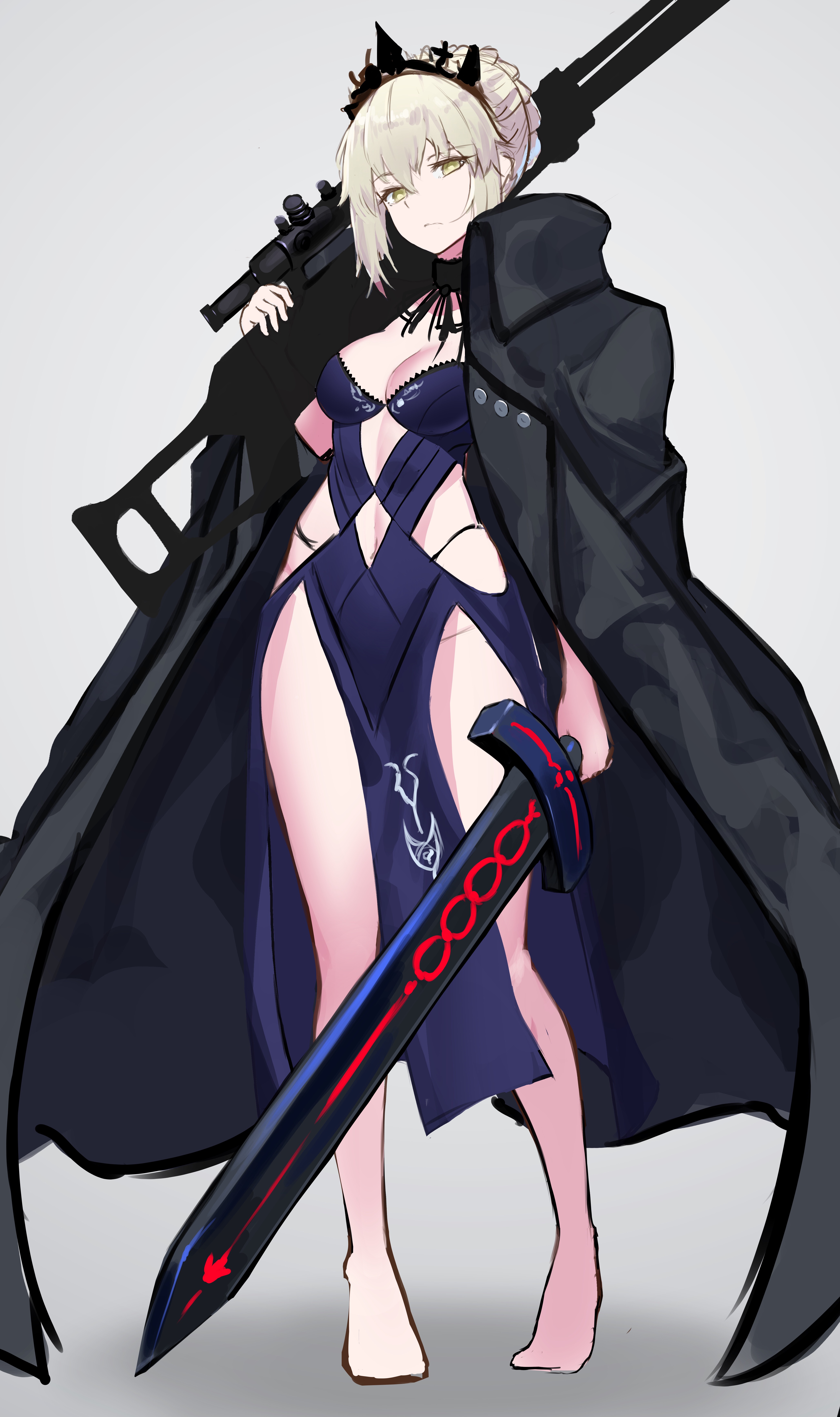 Anime 4116x6944 anime anime girls digital art artwork portrait display simple background Saber Alter Fate/Grand Order sword sniper rifle 2D weapon women with swords short hair blonde green eyes boobs big boobs dress belly button jacket Fate series Artoria Pendragon