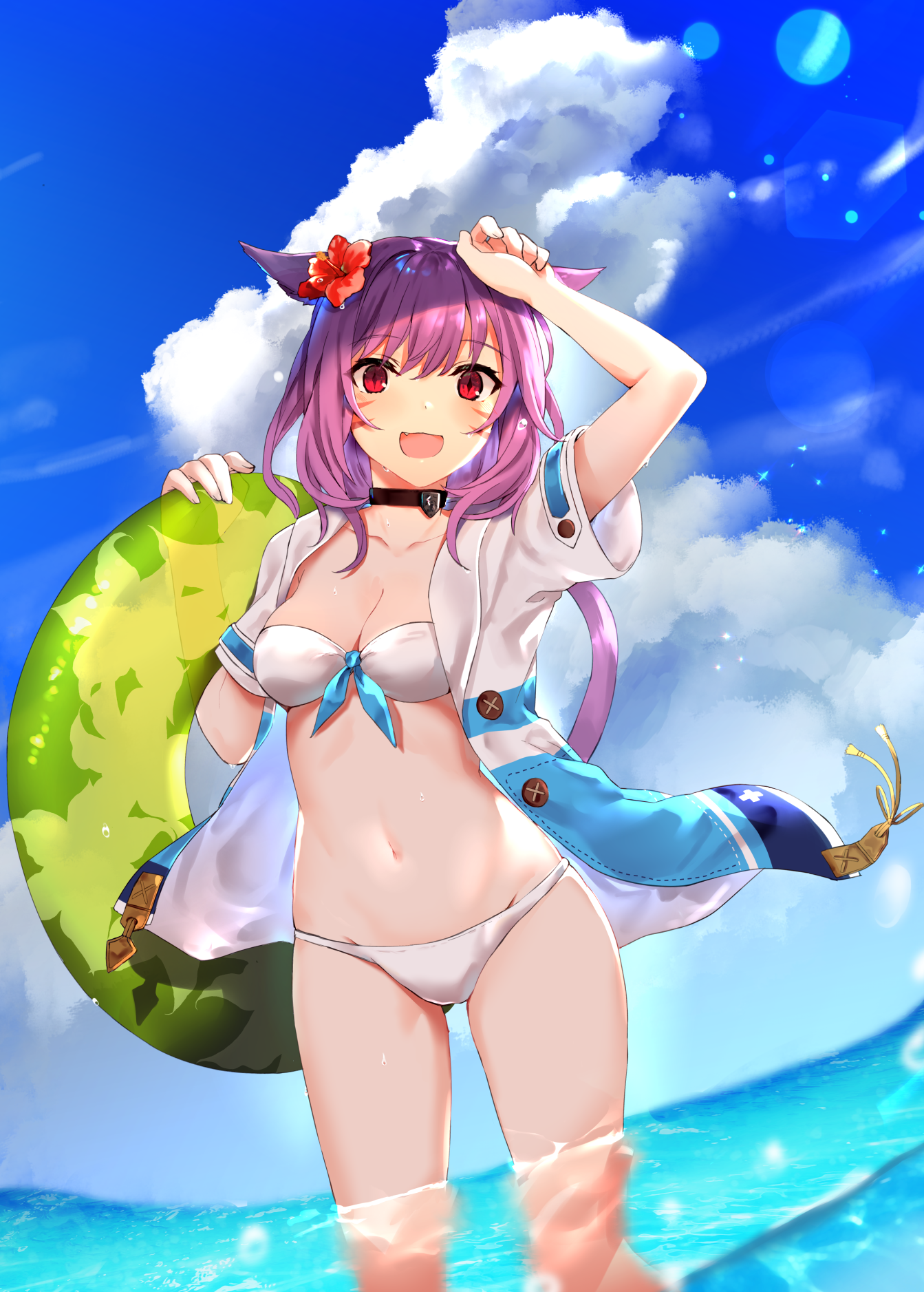 Anime 1343x1877 anime anime girls digital art artwork portrait display sky clouds water beach bikini white bikini flower in hair open mouth purple hair boobs small boobs belly button short hair cat ears animal ears cat girl arms up legs red eyes animal eyes 2D floater standing in water hibiscus choker open shirt one arm up looking at viewer