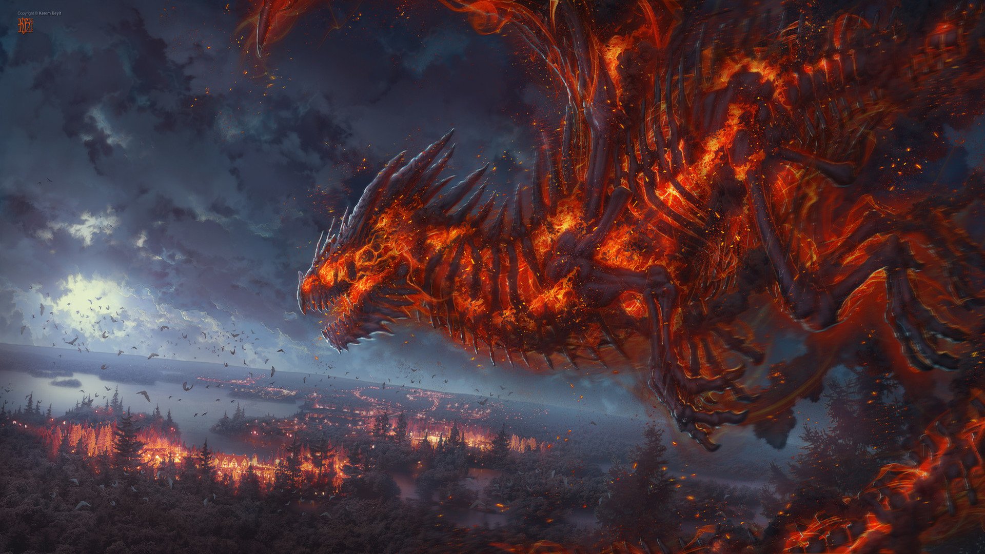General 1920x1080 artwork fantasy art dragon fire forest lake