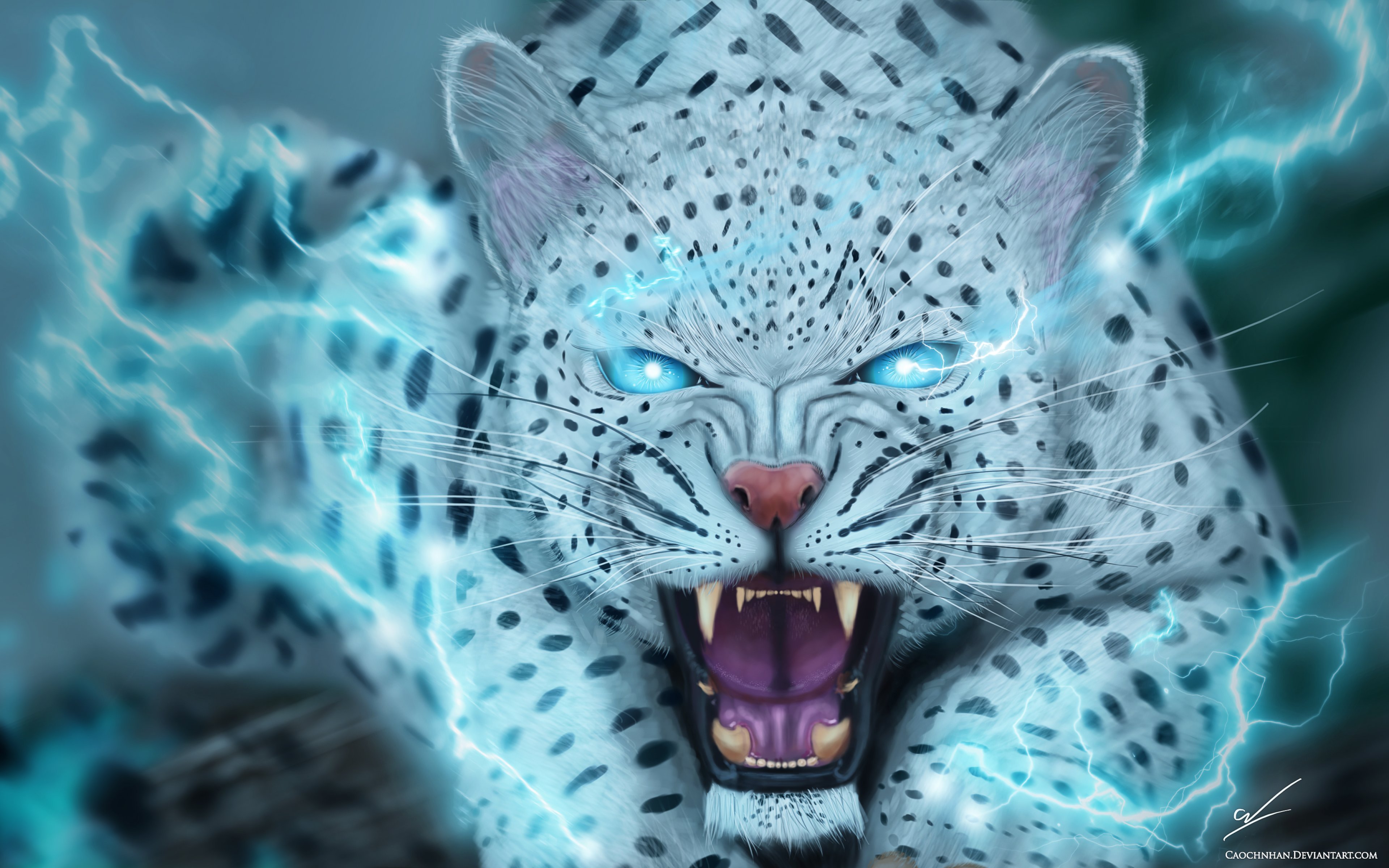 General 3840x2400 leopard snow leopards animals artwork digital art fantasy art lightning open mouth big cats roar cyan blue