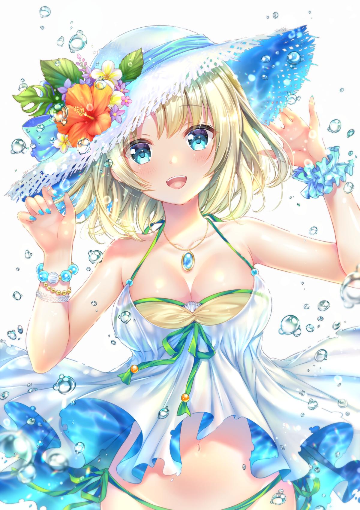 Anime 1200x1697 blonde blue eyes necklace colored nails straw hat bracelets anime girls anime hat bikini Sakura Moyon