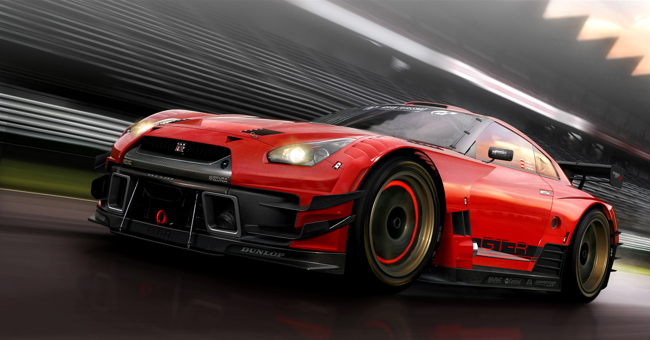 General 2100x1100 Nissan car red cars vehicle Nissan GT-R race cars Japanese cars frontal view headlights reflection motion blur