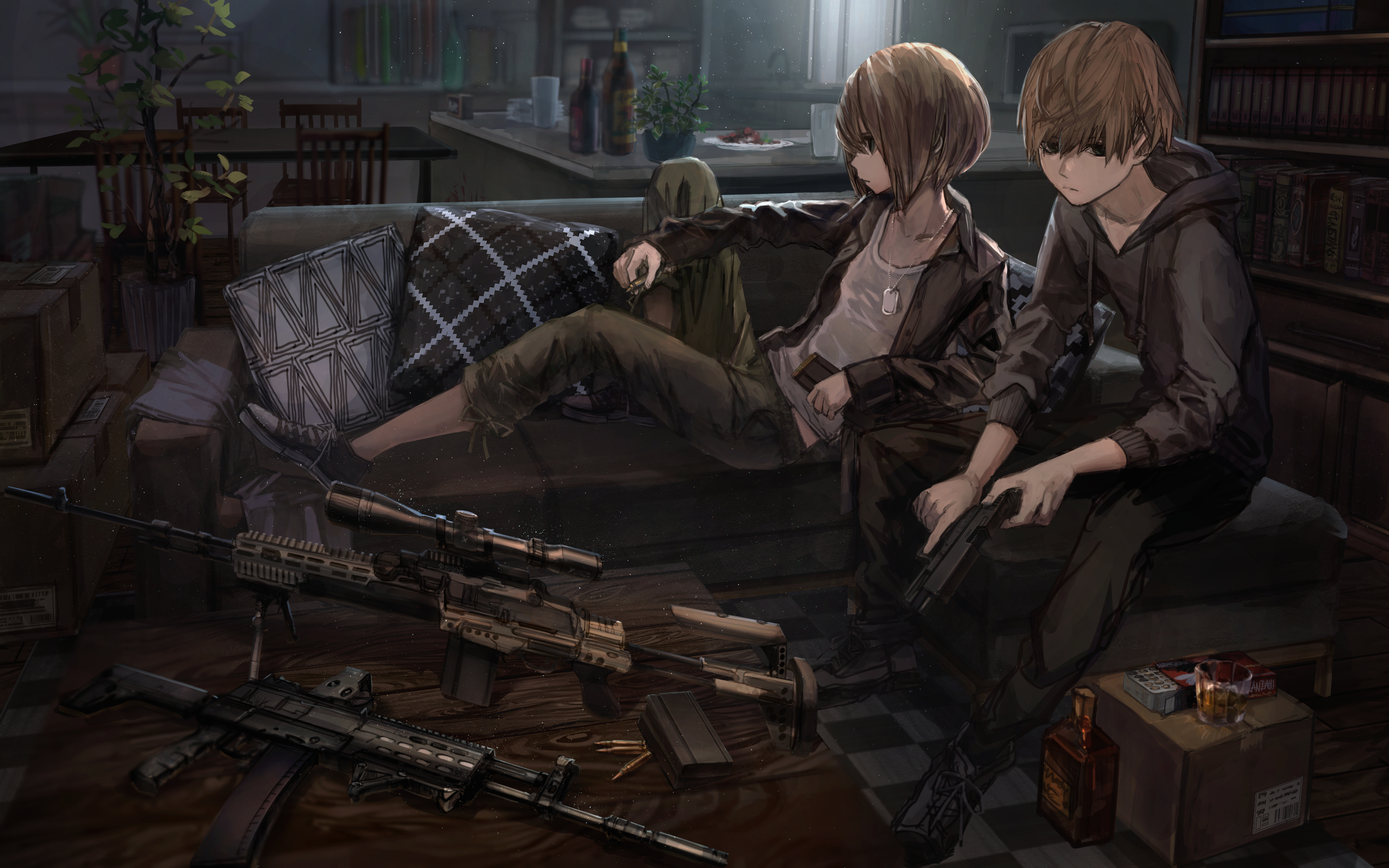 Anime 3200x2000 anime girls anime boys original characters military living rooms couch sniper rifle assault rifle gun weapon pistol bullet whiskey indoors artwork drawing digital art illustration Pixiv anime