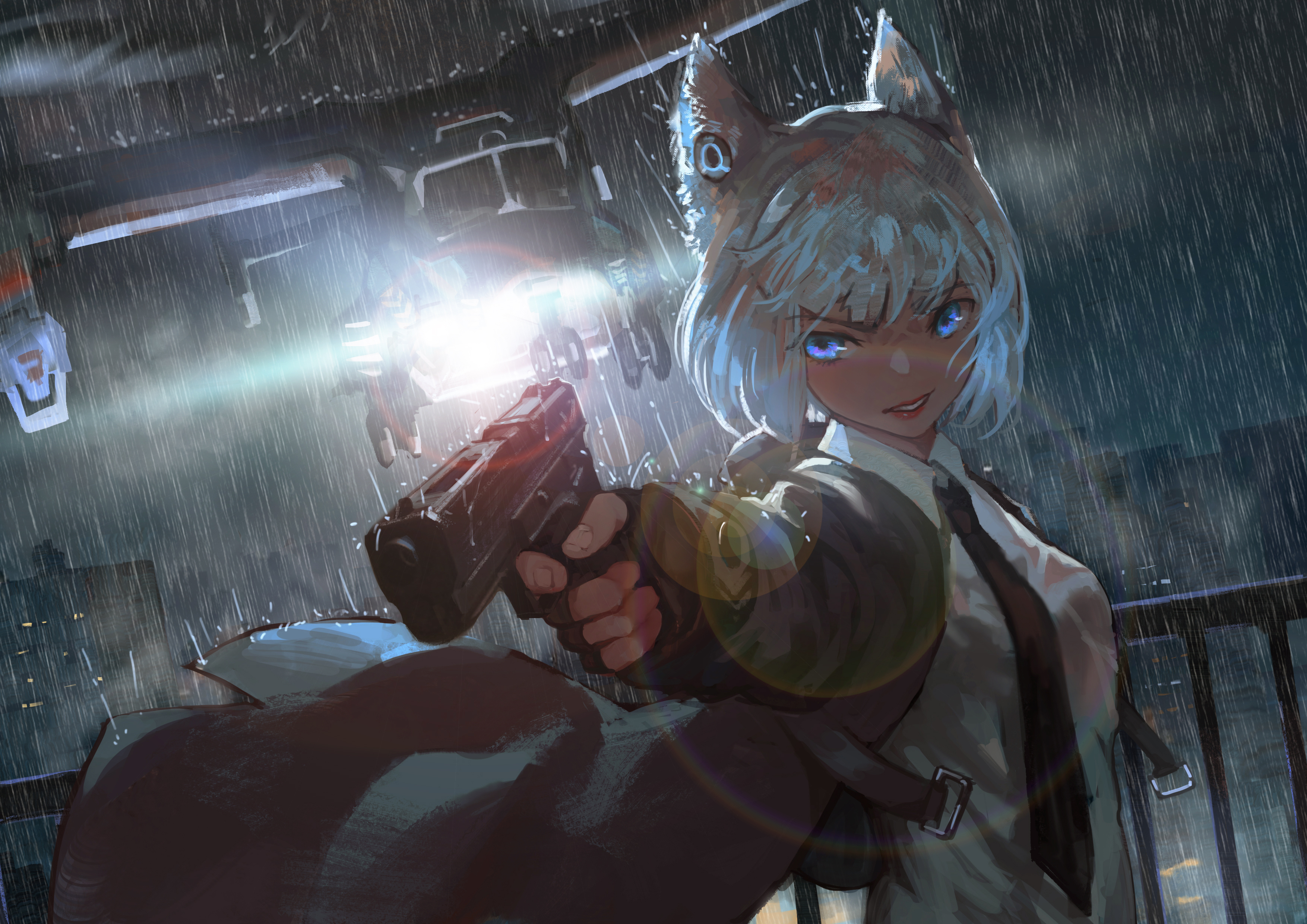 Anime 3508x2480 anime anime girls white hair blue eyes gun helicopters rain tie ALGAE_00
